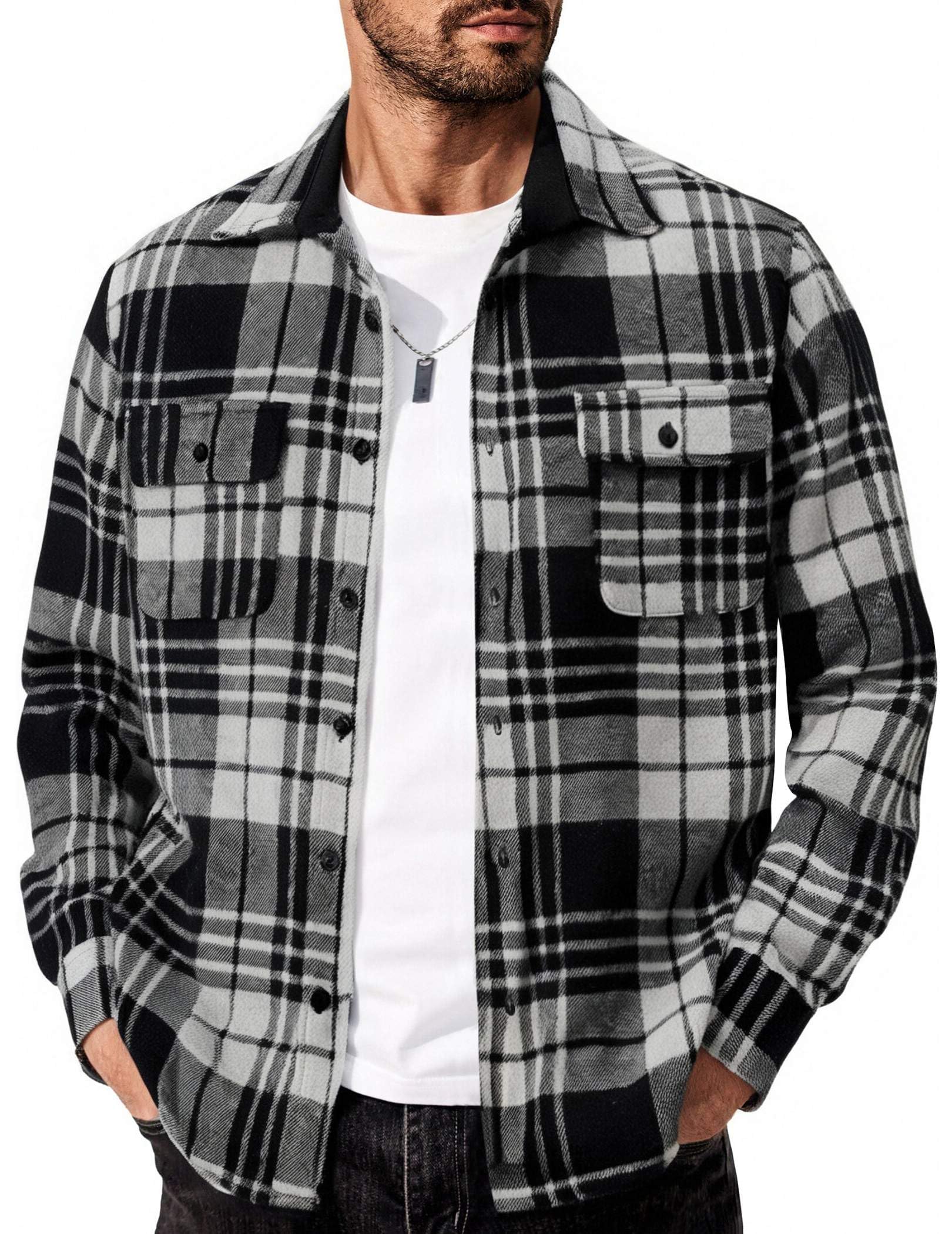 Mens Flannel Plaid Long Sleeve Button Down Shirt Jacket with Pockets
