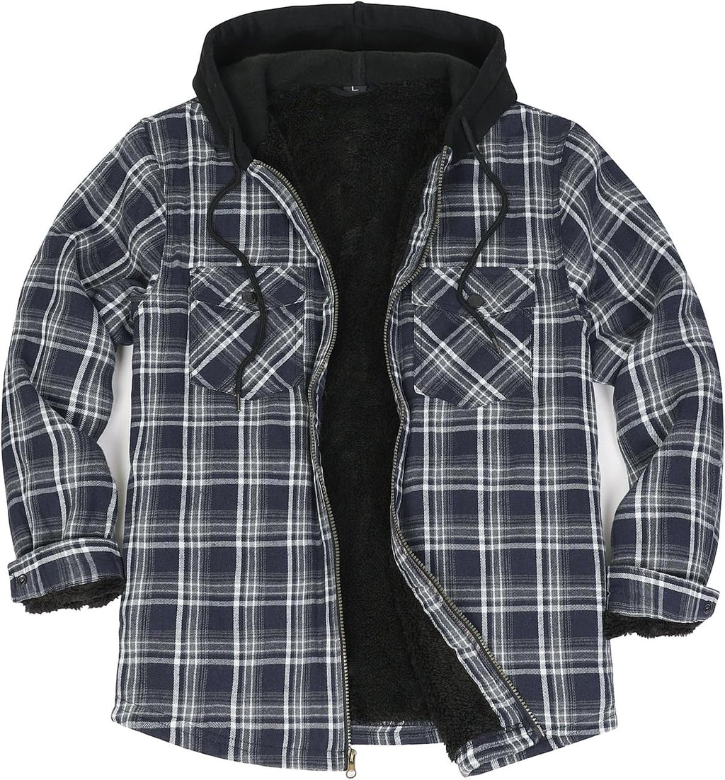 Mens Plaid Sherpa Lined Shirt Jacket Full Zip Hooded Warm Flannel