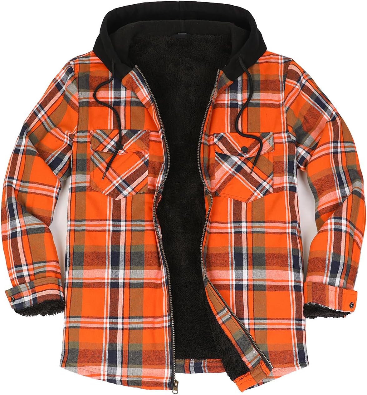 Mens Plaid Sherpa Lined Shirt Jacket Full Zip Hooded Warm Flannel
