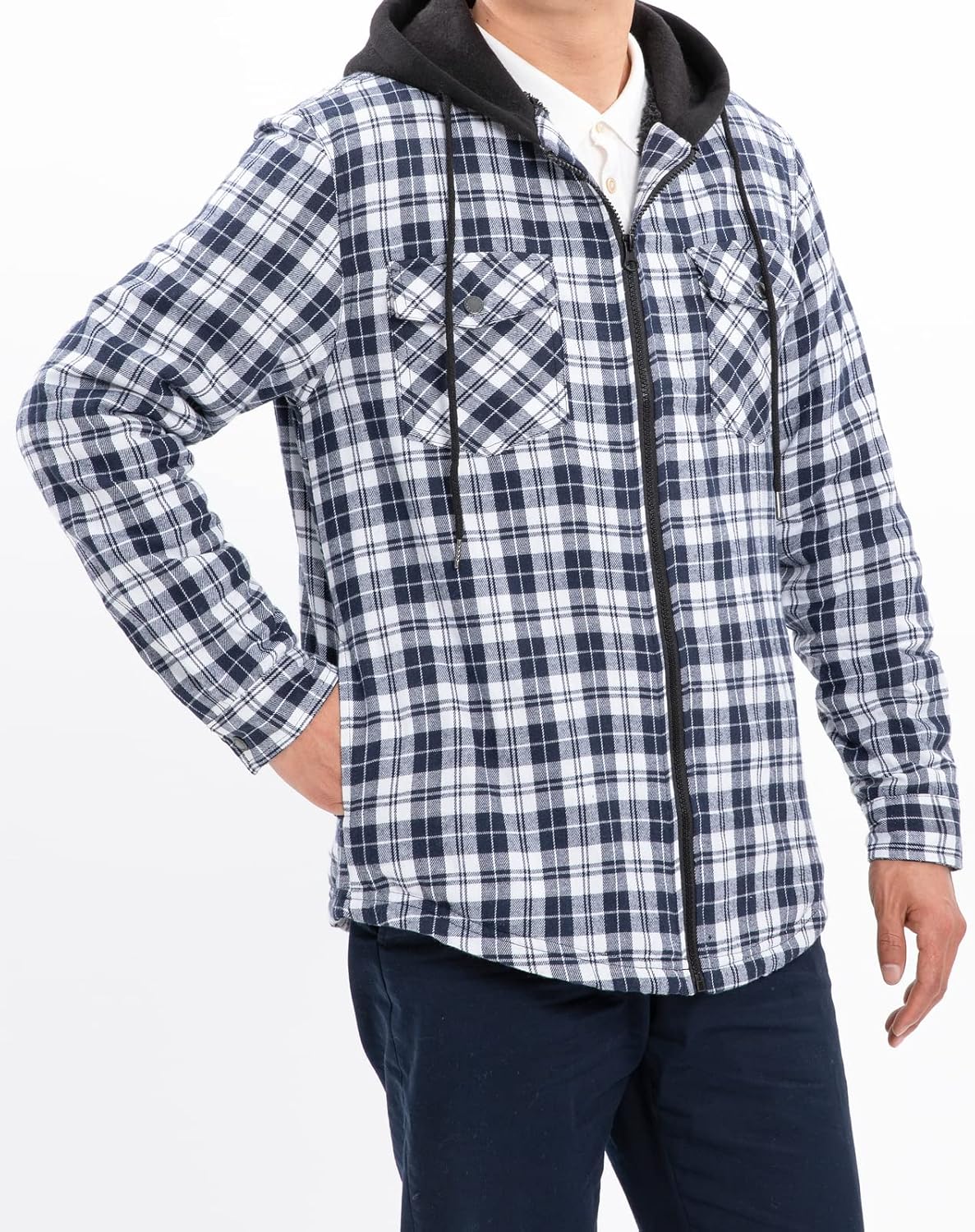 Mens Plaid Sherpa Lined Shirt Jacket Full Zip Hooded Warm Flannel