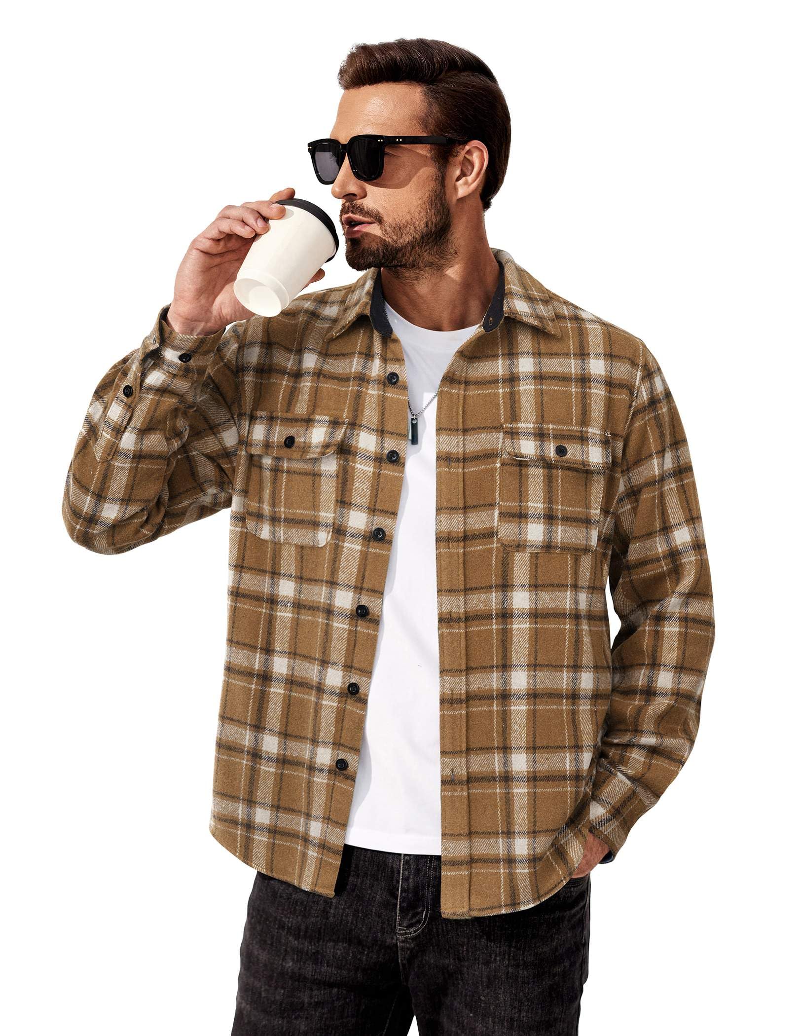Mens Cotton Plaid Flannel Shirt Long Sleeve Casual Shirt Jacket