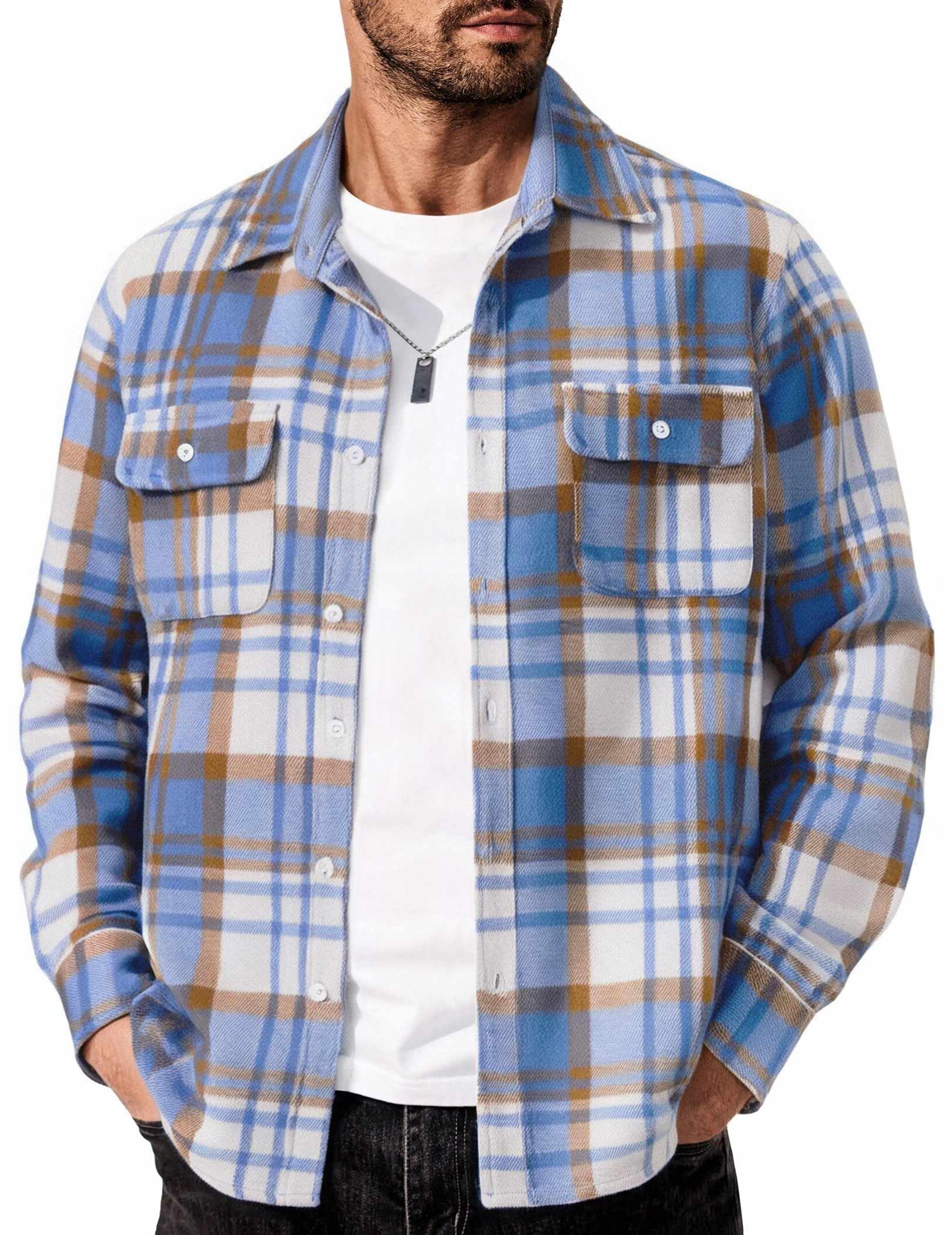 Mens Flannel Plaid Shirt Long Sleeve Button Down Casual Work Shirt Jacket