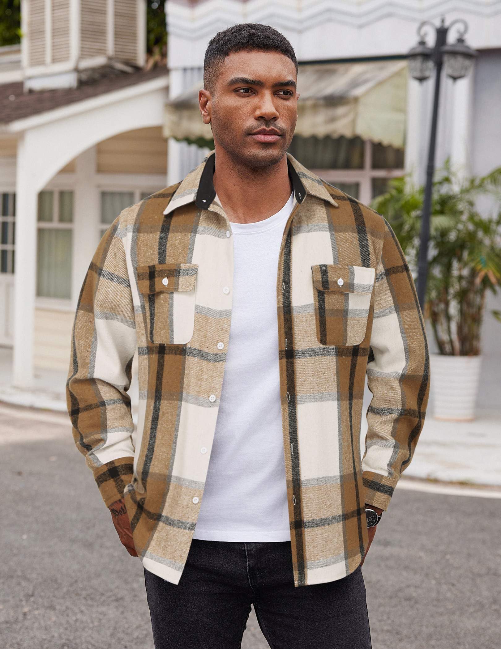 Mens Plaid Cotton Flannel Shirt Long Sleeve Button Down Casual Work Shirt With Chest Pockets