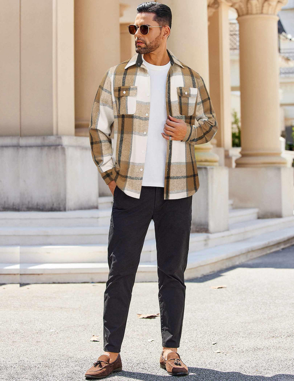 Mens Plaid Cotton Flannel Shirt Long Sleeve Button Down Casual Work Shirt With Chest Pockets