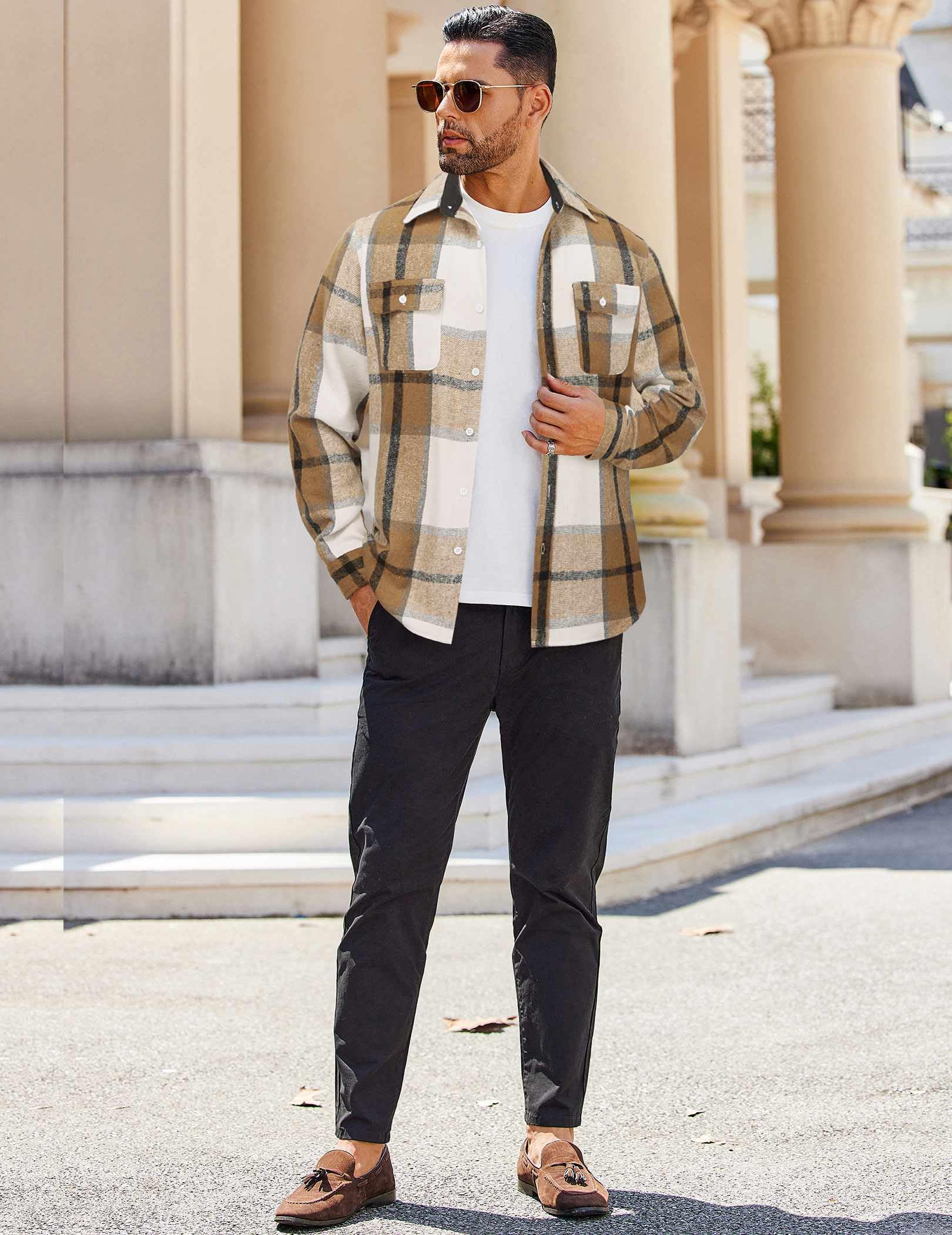 Mens Plaid Cotton Flannel Shirt Long Sleeve Button Down Casual Work Shirt With Chest Pockets