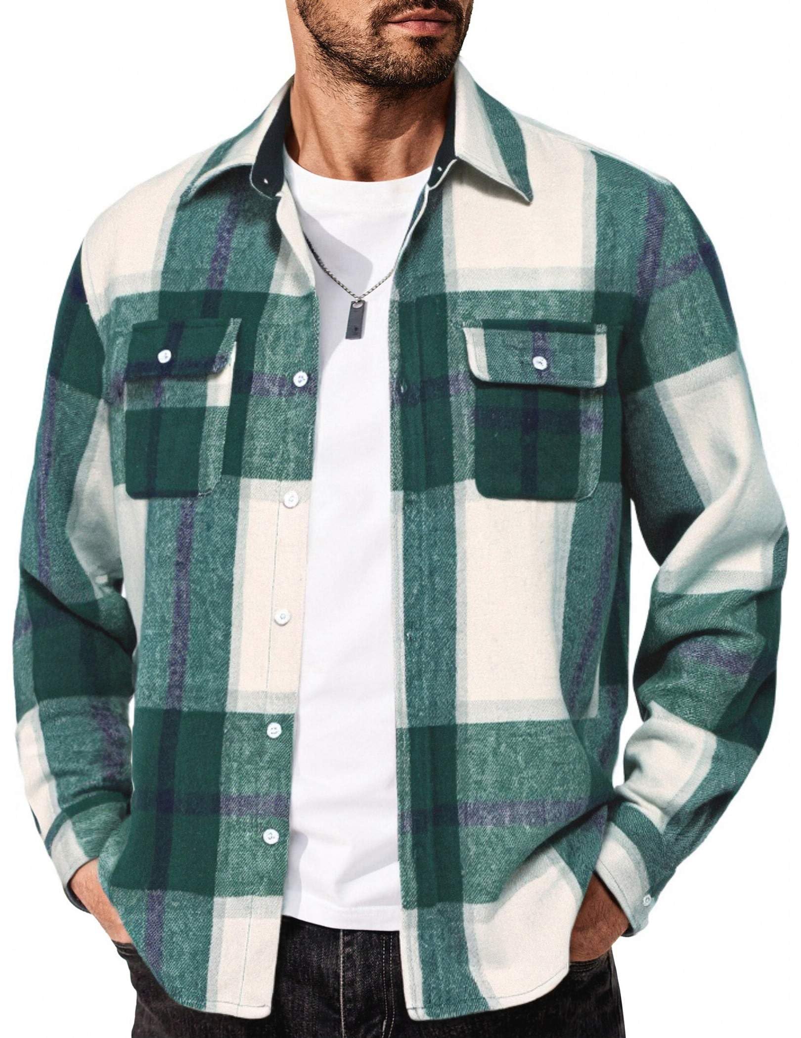 Mens Long Sleeve Cotton Flannel Shirt Plaid Button Down Casual Work Shirt