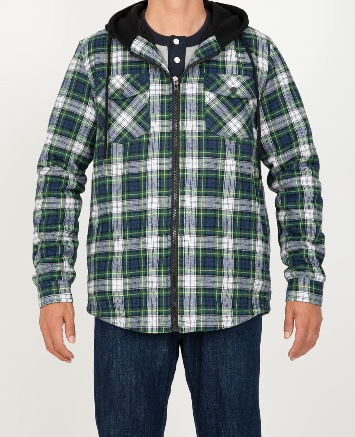 Mens Plaid Sherpa Lined Shirt Jacket Full Zip Hooded Warm Flannel