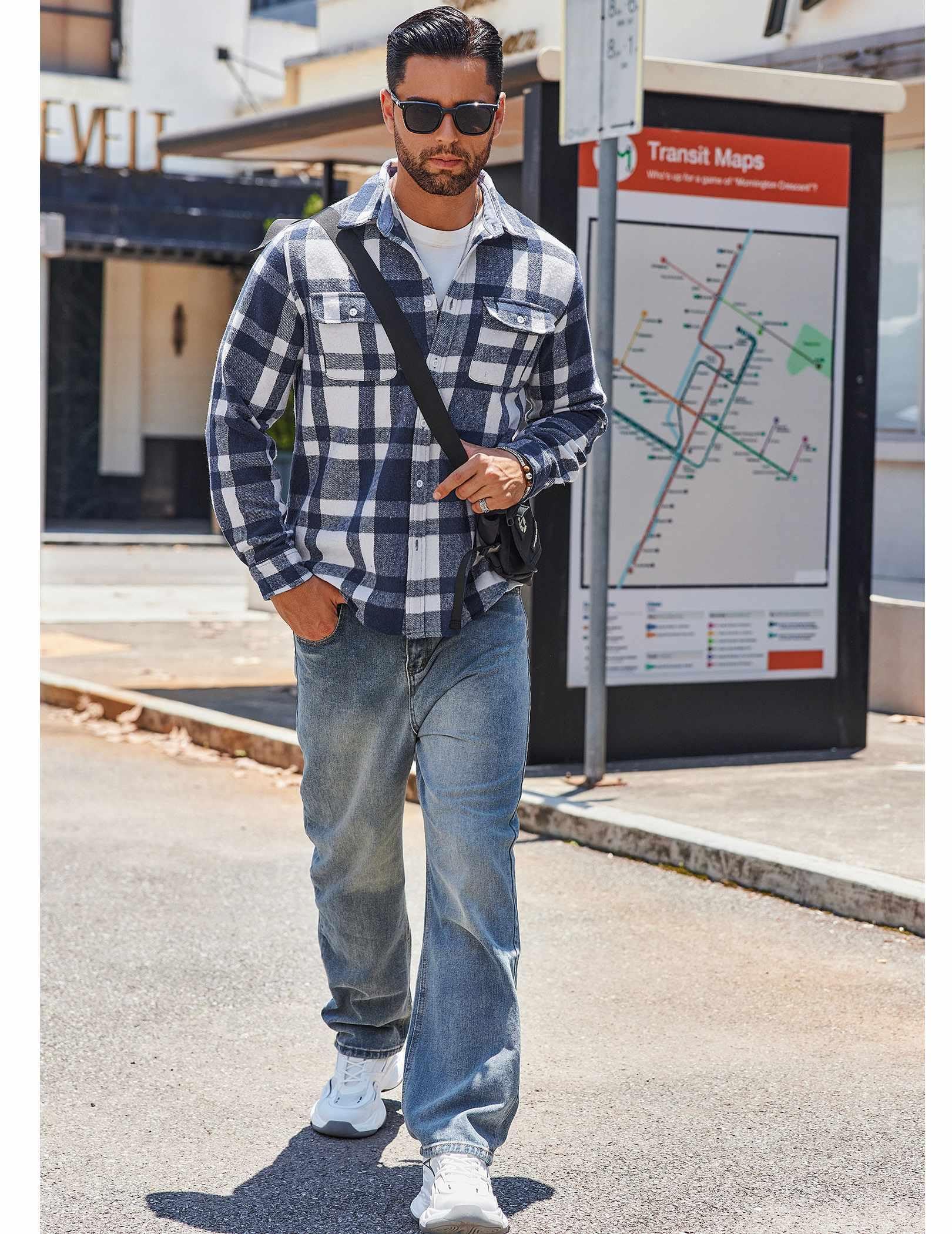 Mens Plaid Flannel Long Sleeve Shirt Jacket Casual Button Down Brushed Fabric Shacket with Pockets