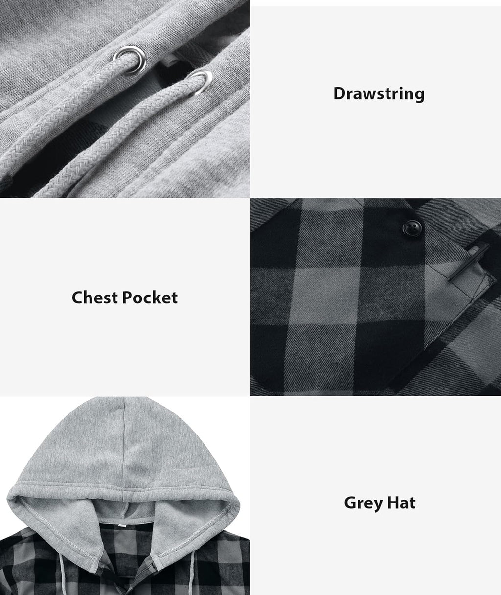 3 Pack Mens Flannel Hoodie Shirts Long Sleeve Plaid Button Down Hooded Shirts Casual Brushed Jacket with Pocket