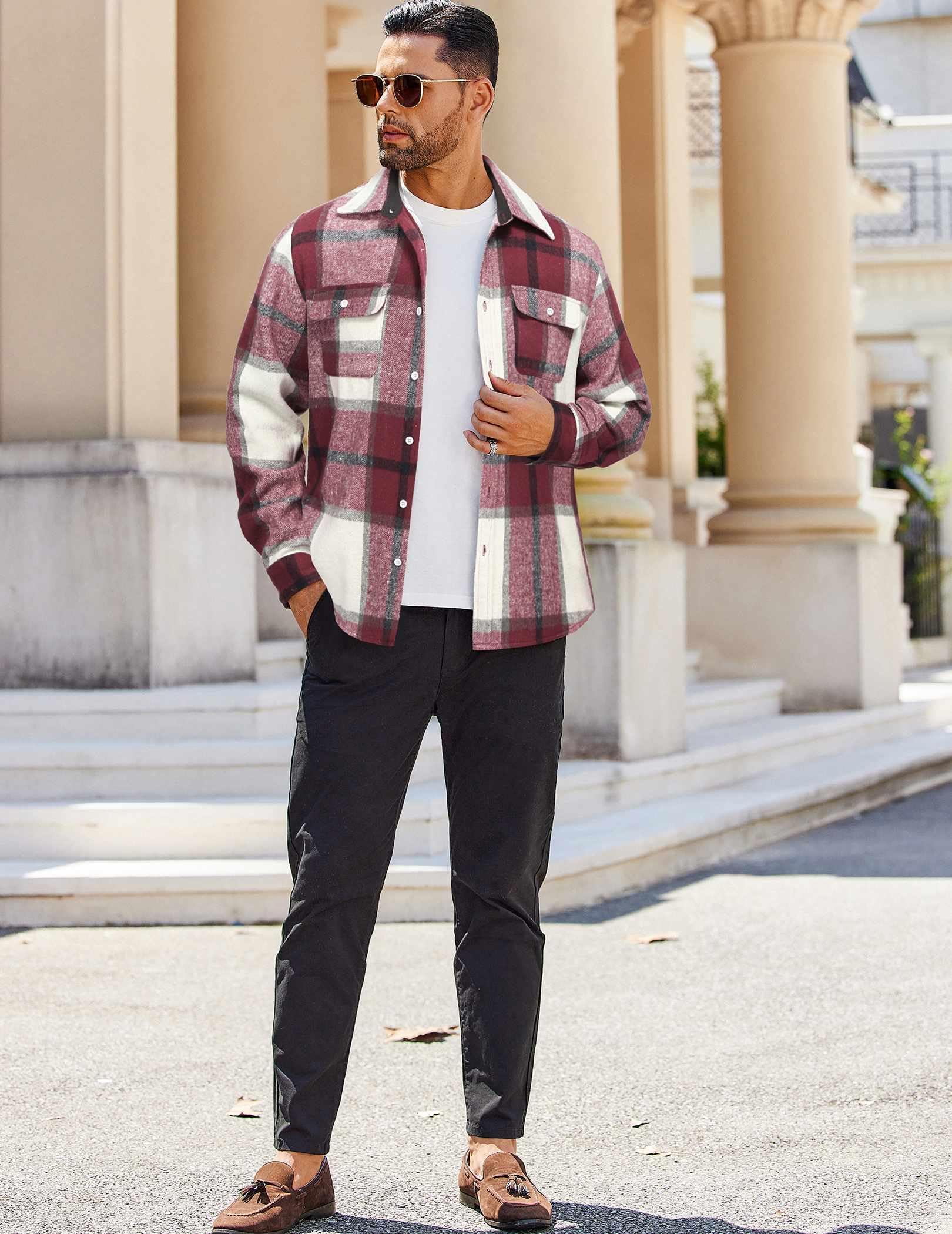 Mens Flannel Plaid Long Sleeve Button Down Shirt Jacket with Pockets