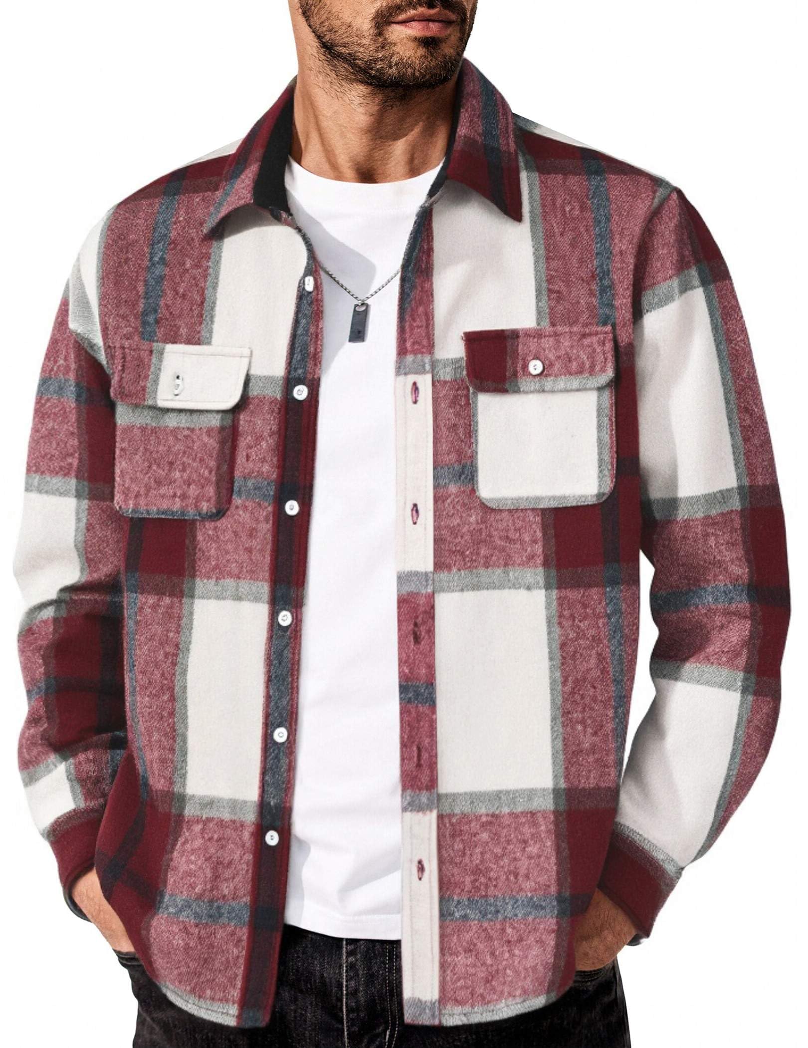 Mens Flannel Plaid Long Sleeve Button Down Shirt Jacket with Pockets