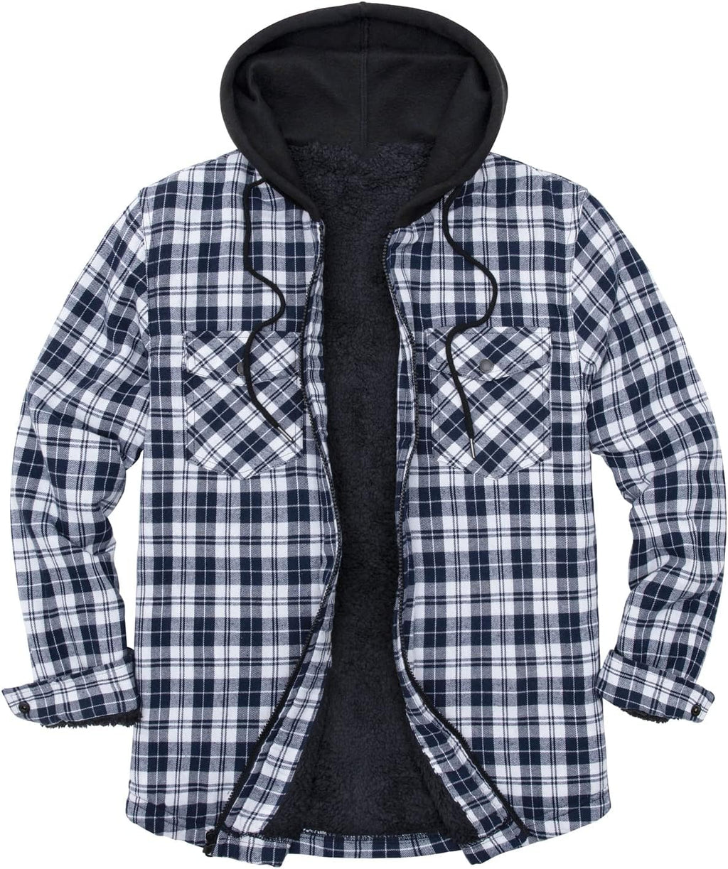 Mens Plaid Sherpa Lined Shirt Jacket Full Zip Hooded Warm Flannel