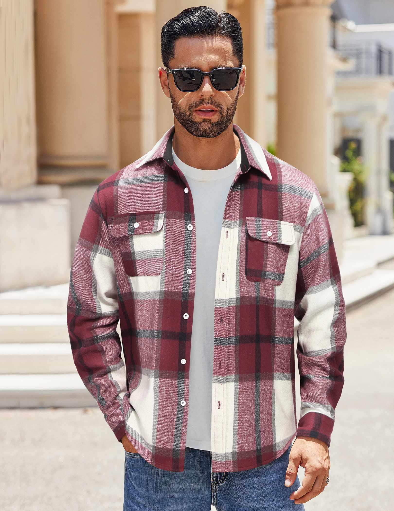 Mens Flannel Plaid Long Sleeve Button Down Shirt Jacket with Pockets