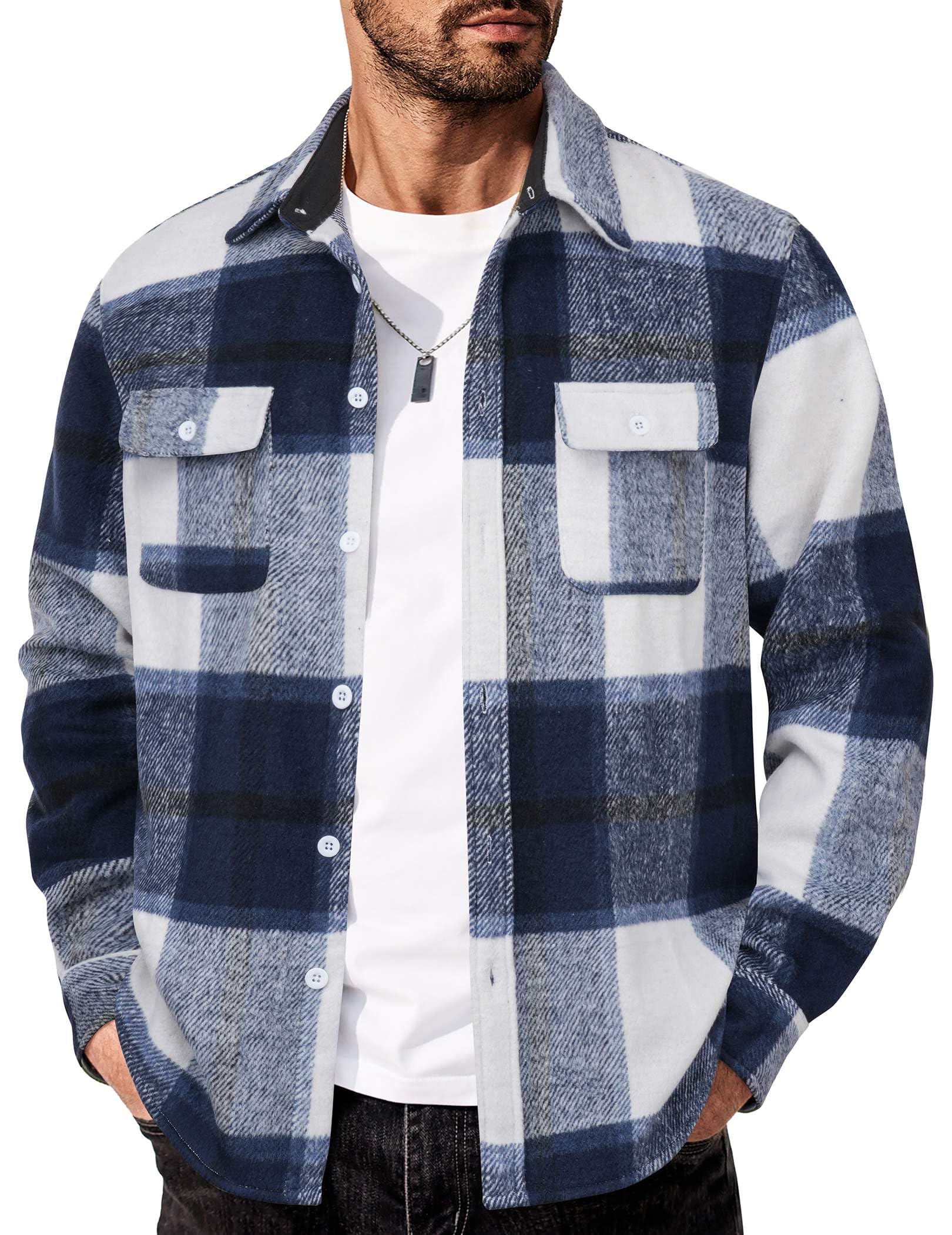 Mens Flannel Plaid Shirt Long Sleeve Button Down Casual Work Shirt Jacket