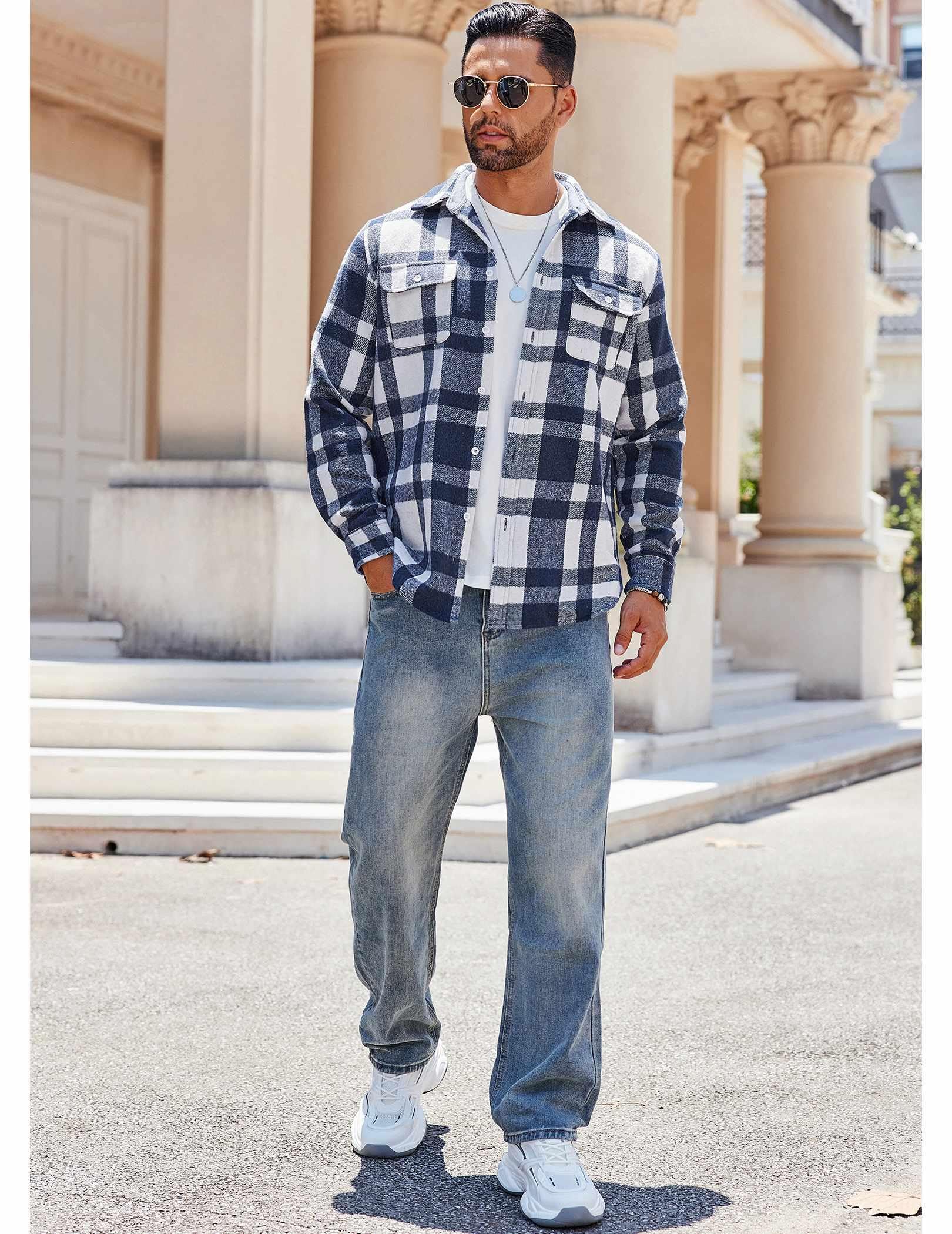 Mens Plaid Flannel Long Sleeve Shirt Jacket Casual Button Down Brushed Fabric Shacket with Pockets