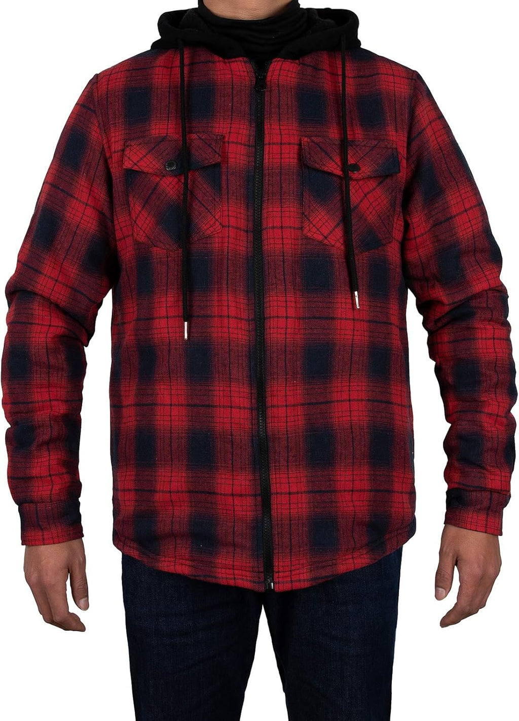 Mens Plaid Sherpa Lined Shirt Jacket Full Zip Hooded Warm Flannel