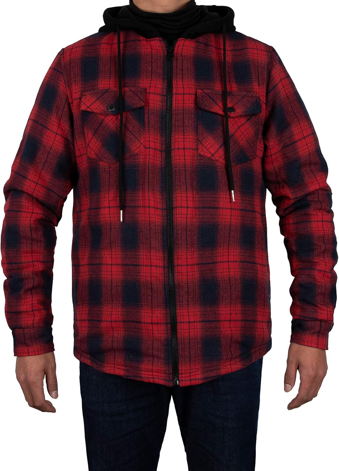 Mens Plaid Sherpa Lined Shirt Jacket Full Zip Hooded Warm Flannel