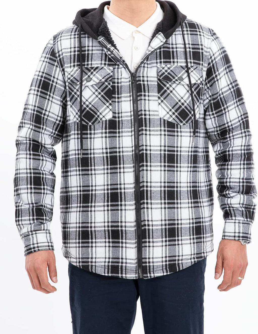 Mens Plaid Sherpa Lined Shirt Jacket Full Zip Hooded Warm Flannel