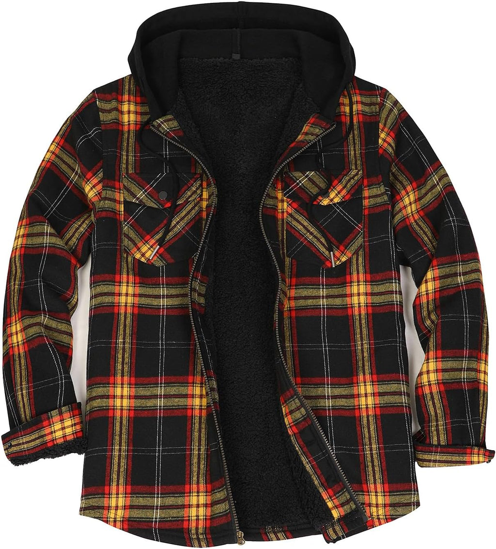 Mens Plaid Sherpa Lined Shirt Jacket Full Zip Hooded Warm Flannel