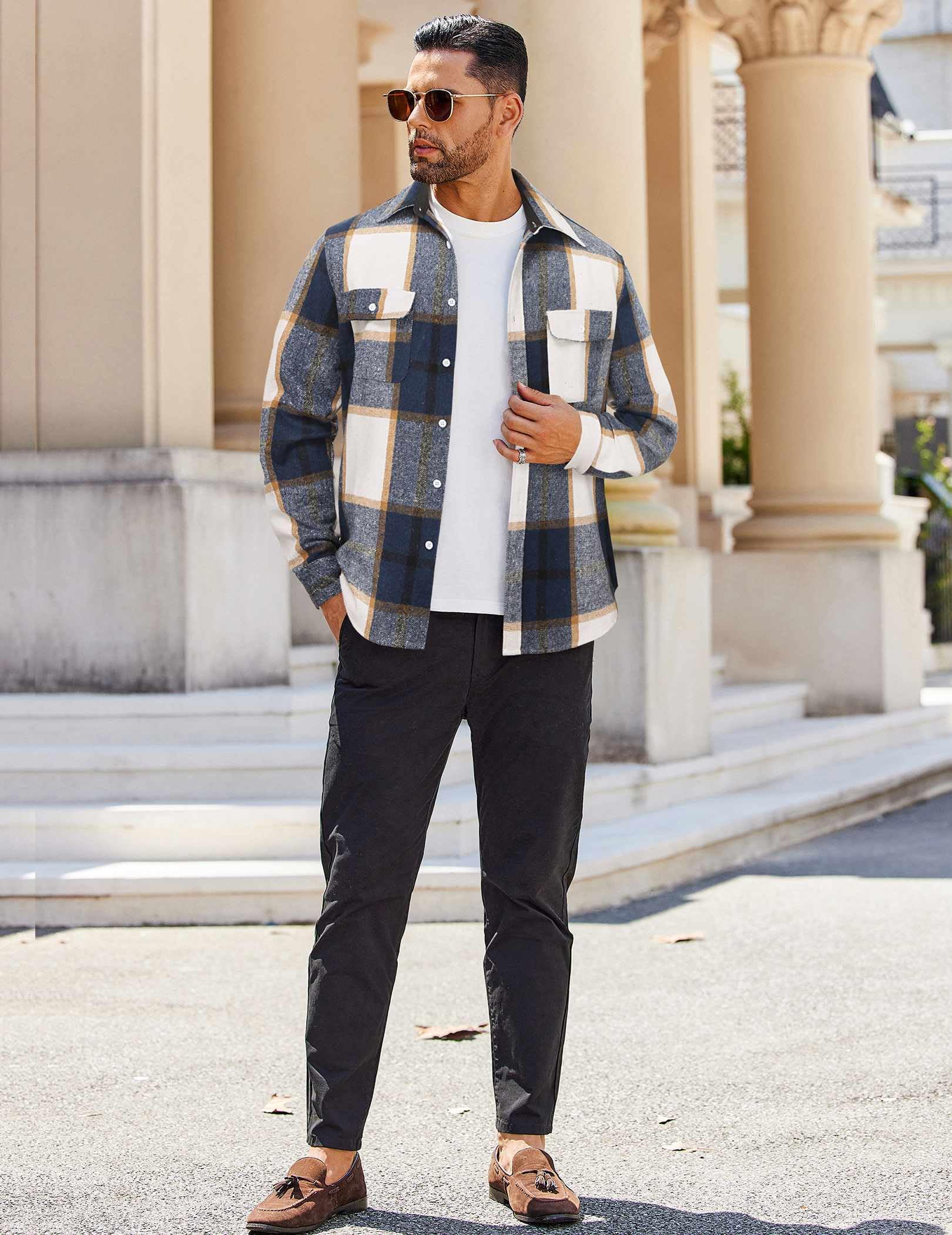 Mens Casual Cotton Flannel Shirt Long Sleeve Plaid Button Down