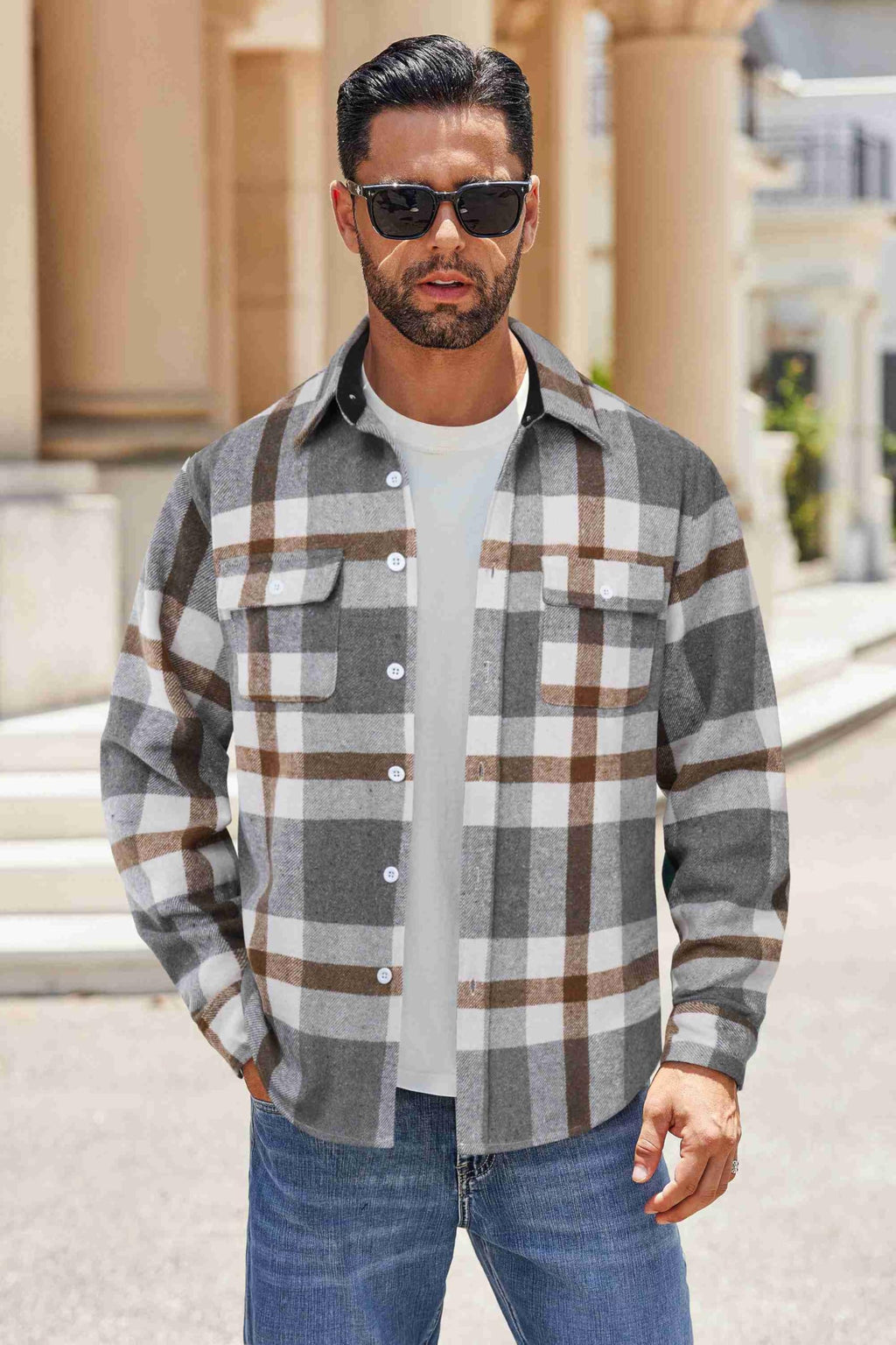 Mens Cotton Flannel Plaid Shirt Jacket Long Sleeve Button Down Casual Work Shirt