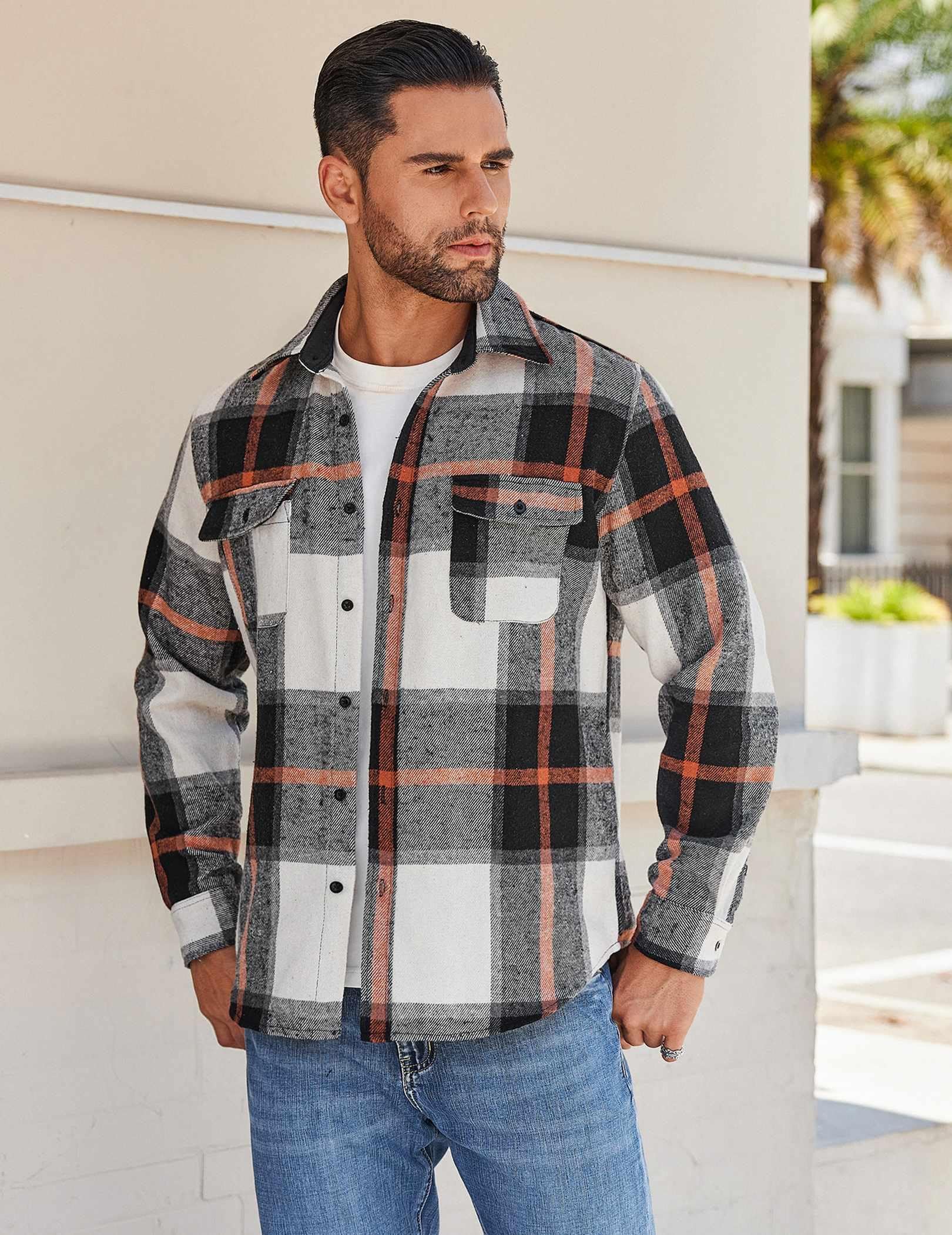 Mens Plaid Cotton Flannel Shirt Long Sleeve Casual Outdoor Button Down