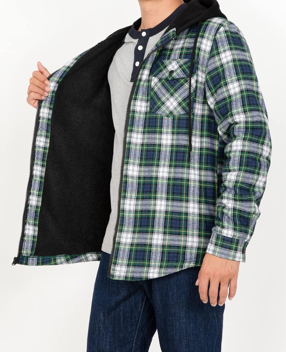 Mens Plaid Sherpa Lined Shirt Jacket Full Zip Hooded Warm Flannel