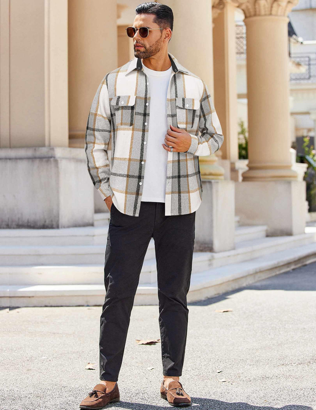 Mens Plaid Cotton Flannel Shirt Long Sleeve Button Down Casual Work Shirt With Pockets