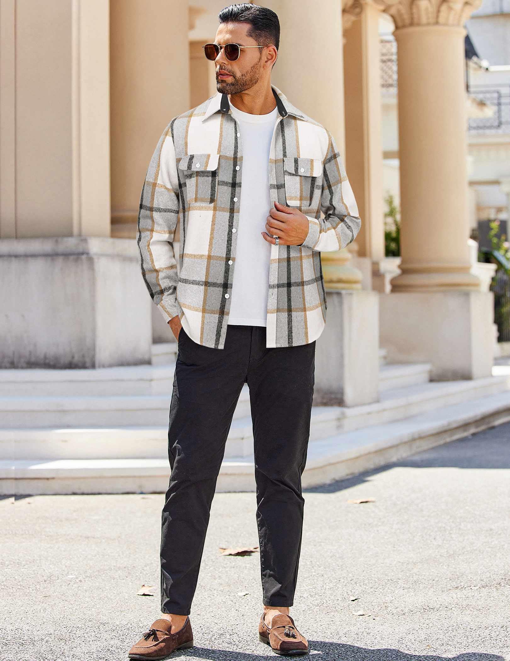 Mens Plaid Cotton Flannel Shirt Long Sleeve Button Down Casual Work Shirt With Pockets