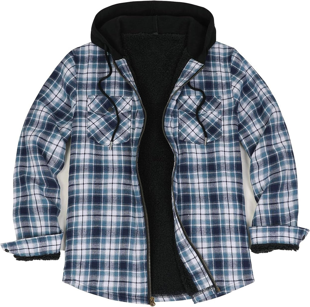 Mens Plaid Sherpa Lined Shirt Jacket Full Zip Hooded Warm Flannel