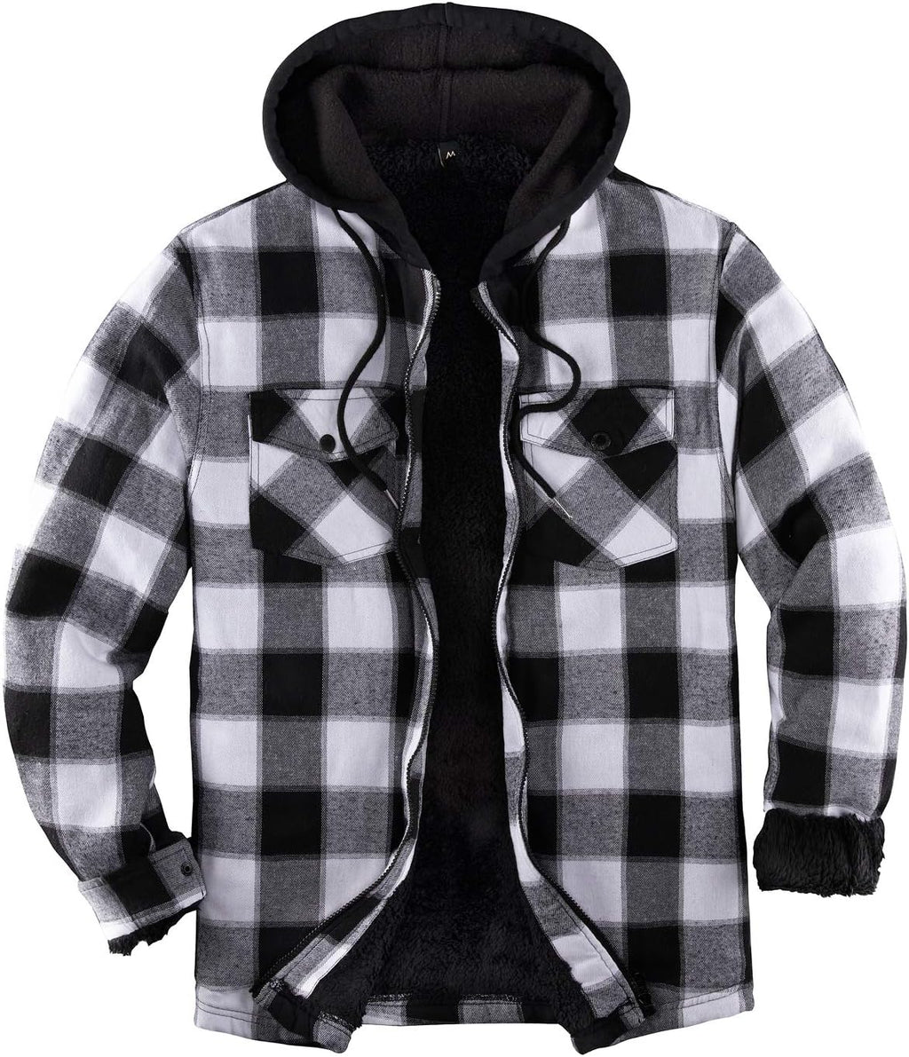 Mens Plaid Sherpa Lined Shirt Jacket Full Zip Hooded Warm Flannel