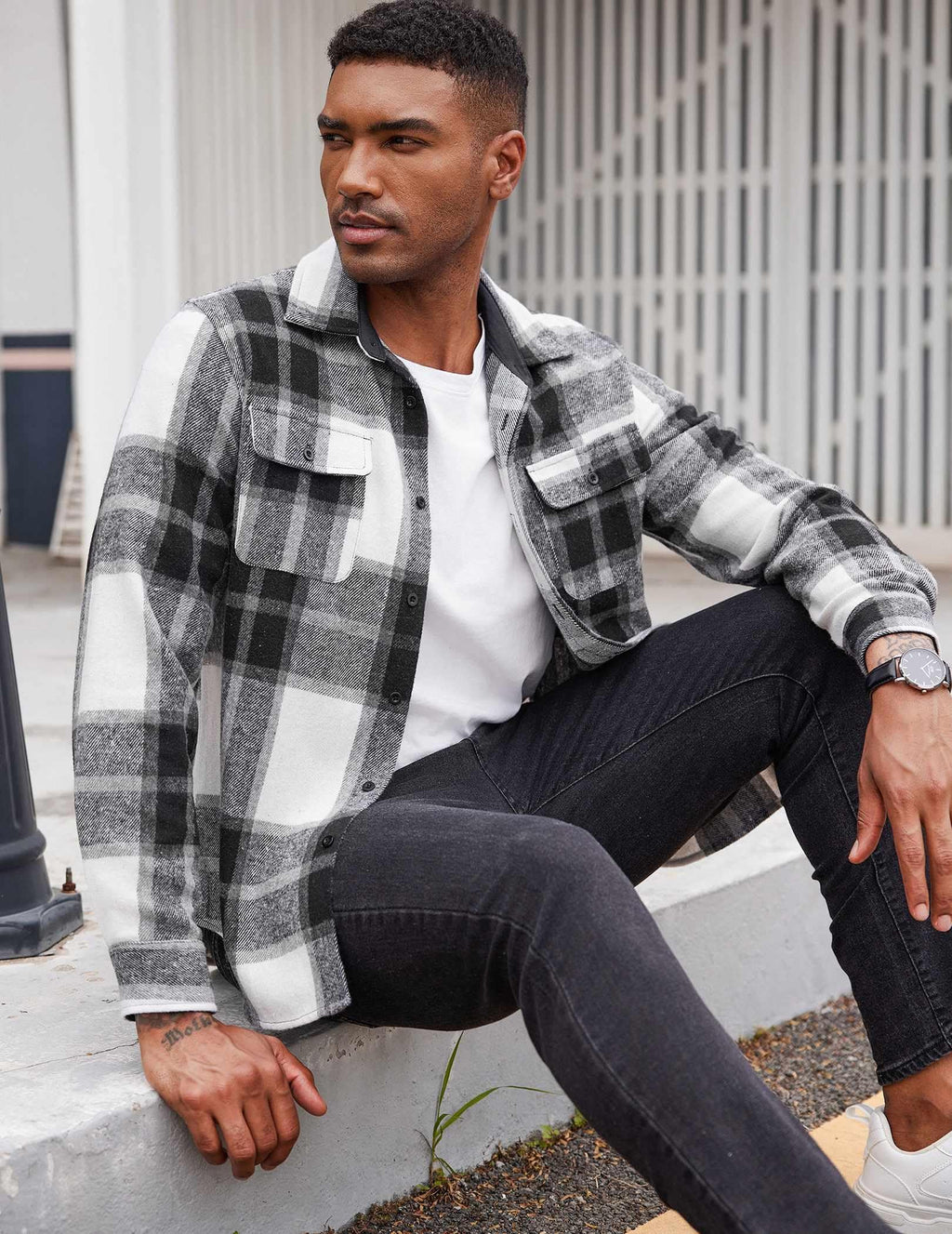 Mens Flannel Plaid Long Sleeve Shirt Casual Button Down Brushed Fabric Shirt Jacket with Pockets