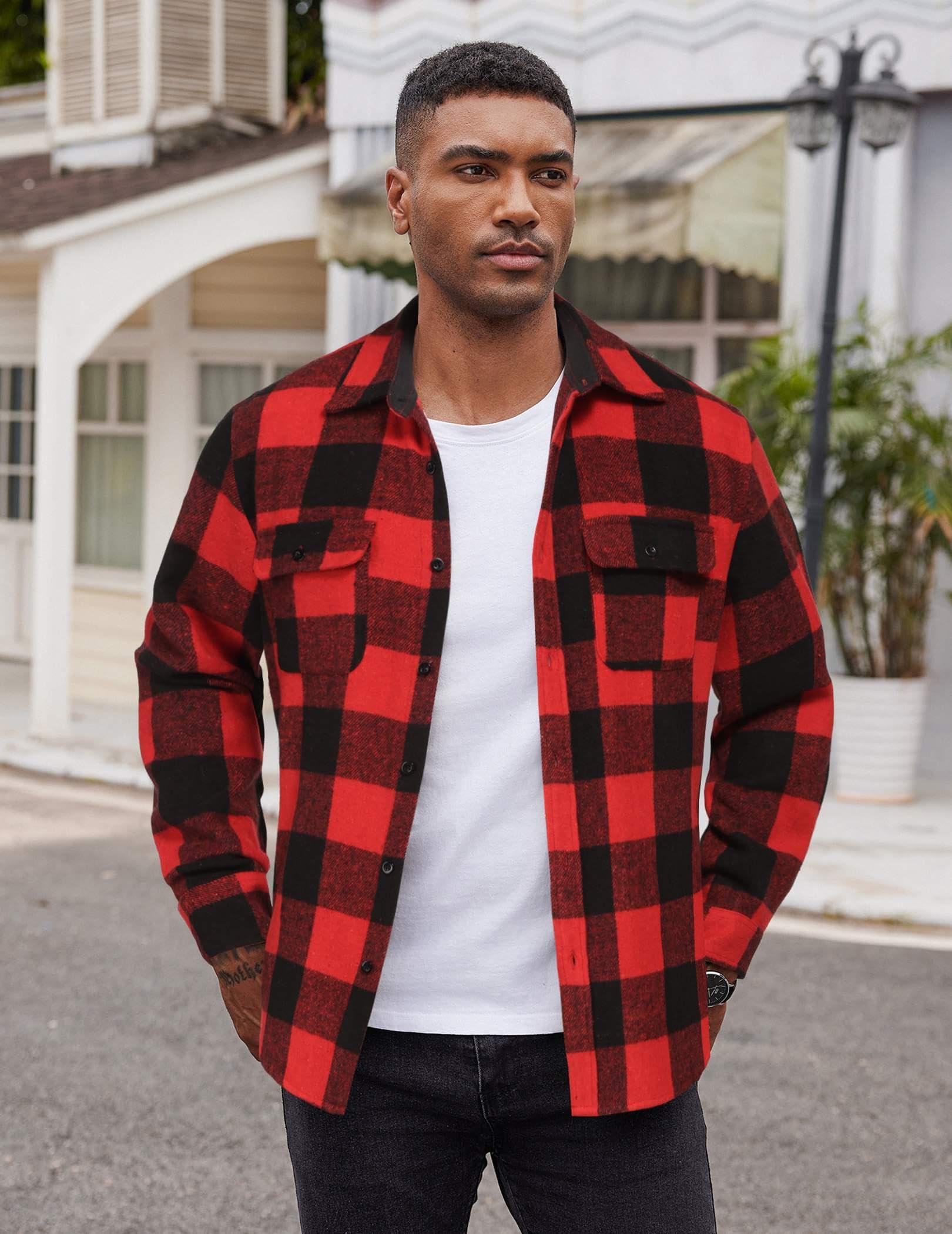 Mens Plaid Cotton Flannel Shirt Jacket Long Sleeve Casual Work Button Down