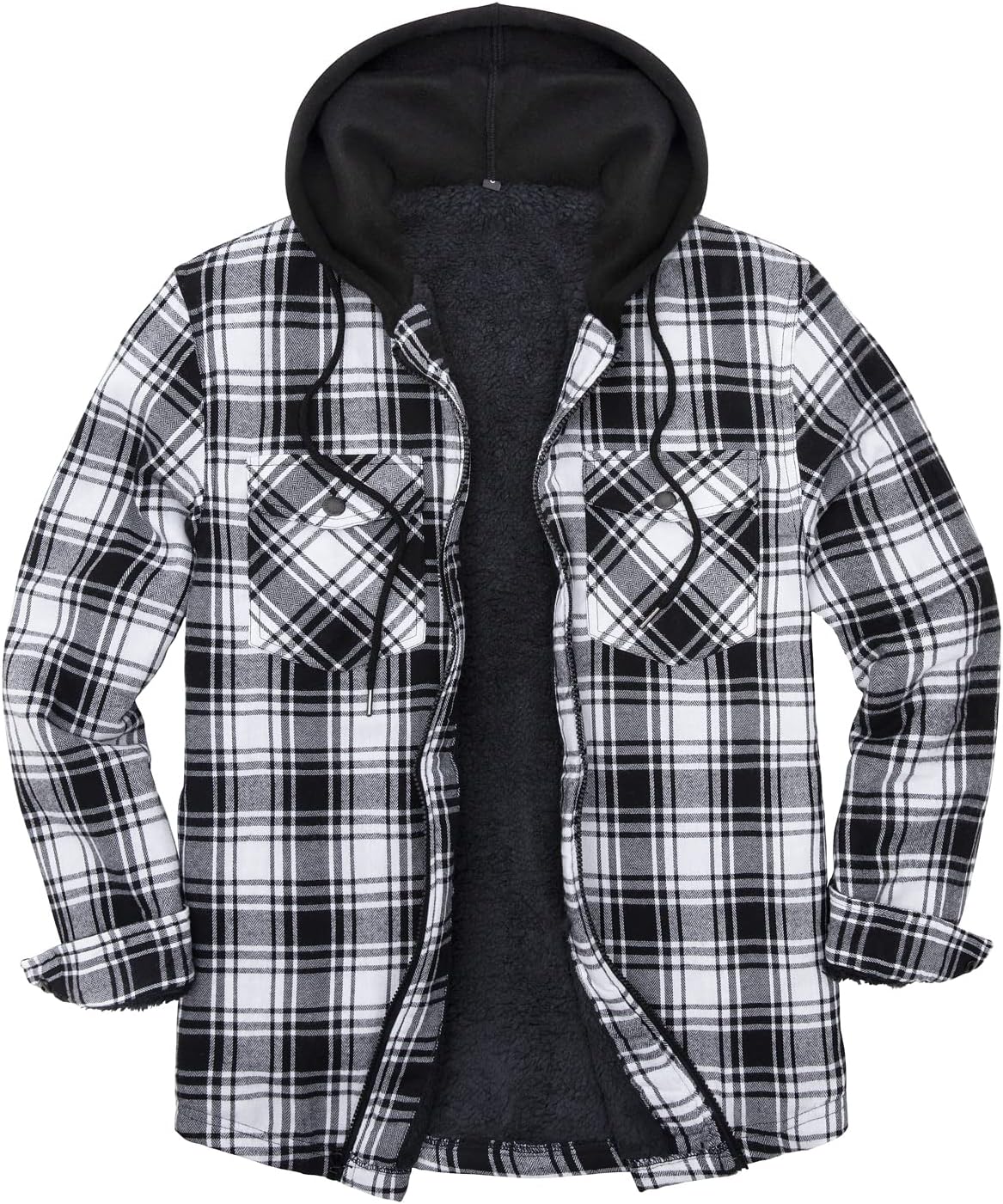 Mens Plaid Sherpa Lined Shirt Jacket Full Zip Hooded Warm Flannel