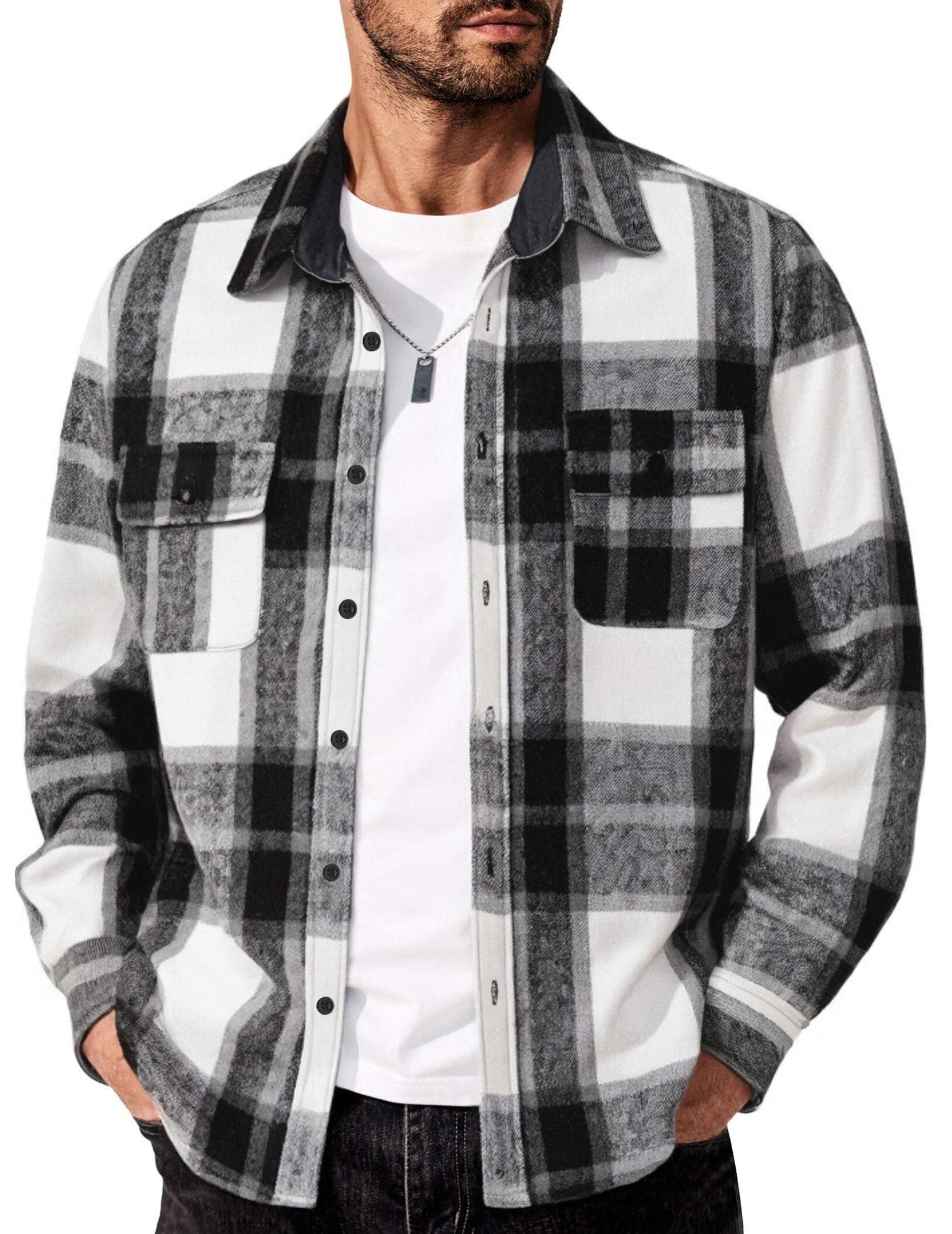 Mens Flannel Plaid Long Sleeve Shirt Casual Button Down Brushed Fabric Shirt Jacket with Pockets
