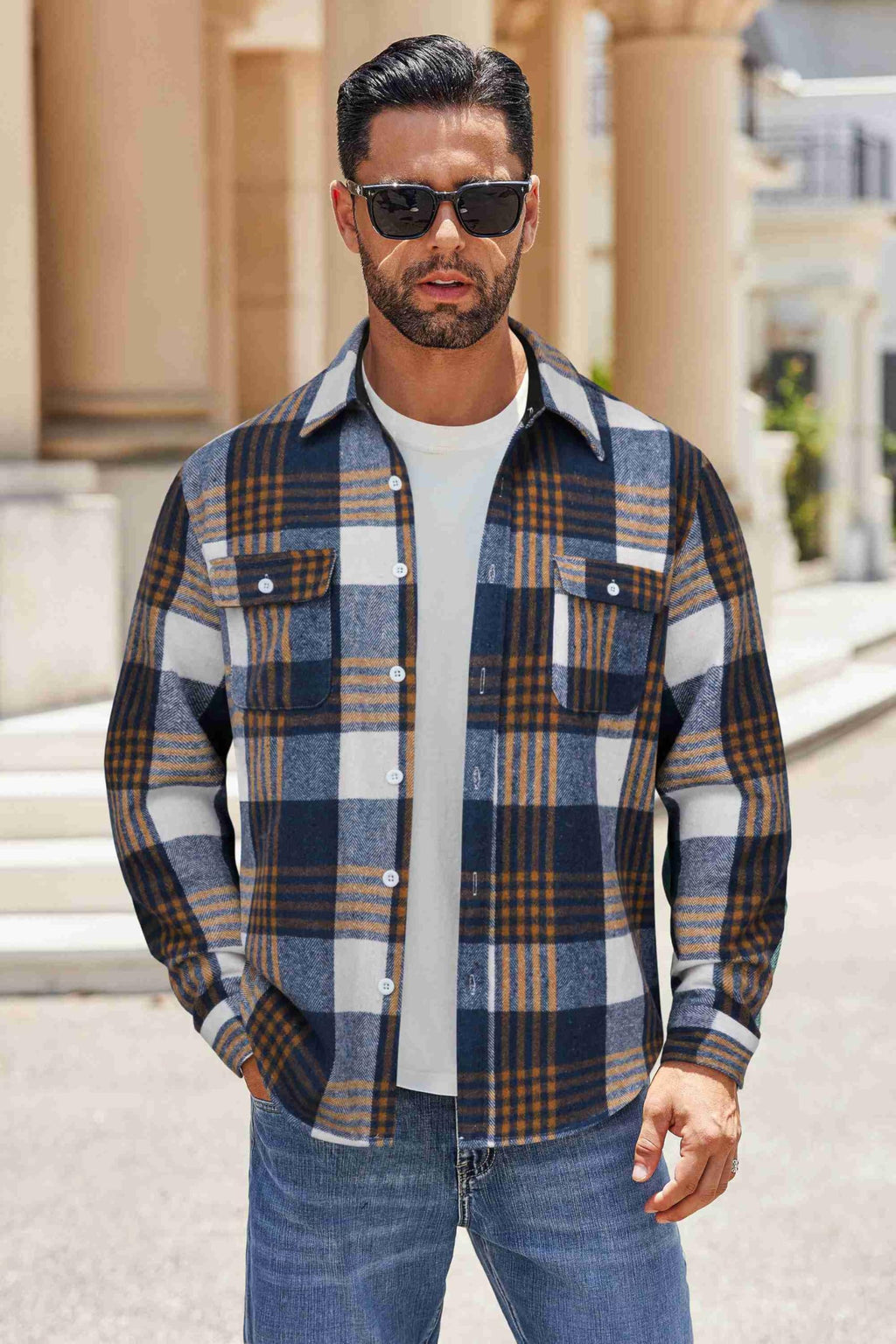 Mens Flannel Plaid Long Sleeve Button Down Shirt Jacket with Pockets