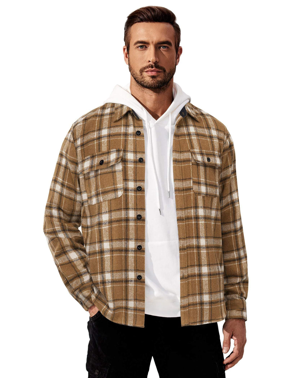 Mens Cotton Plaid Flannel Shirt Long Sleeve Casual Shirt Jacket