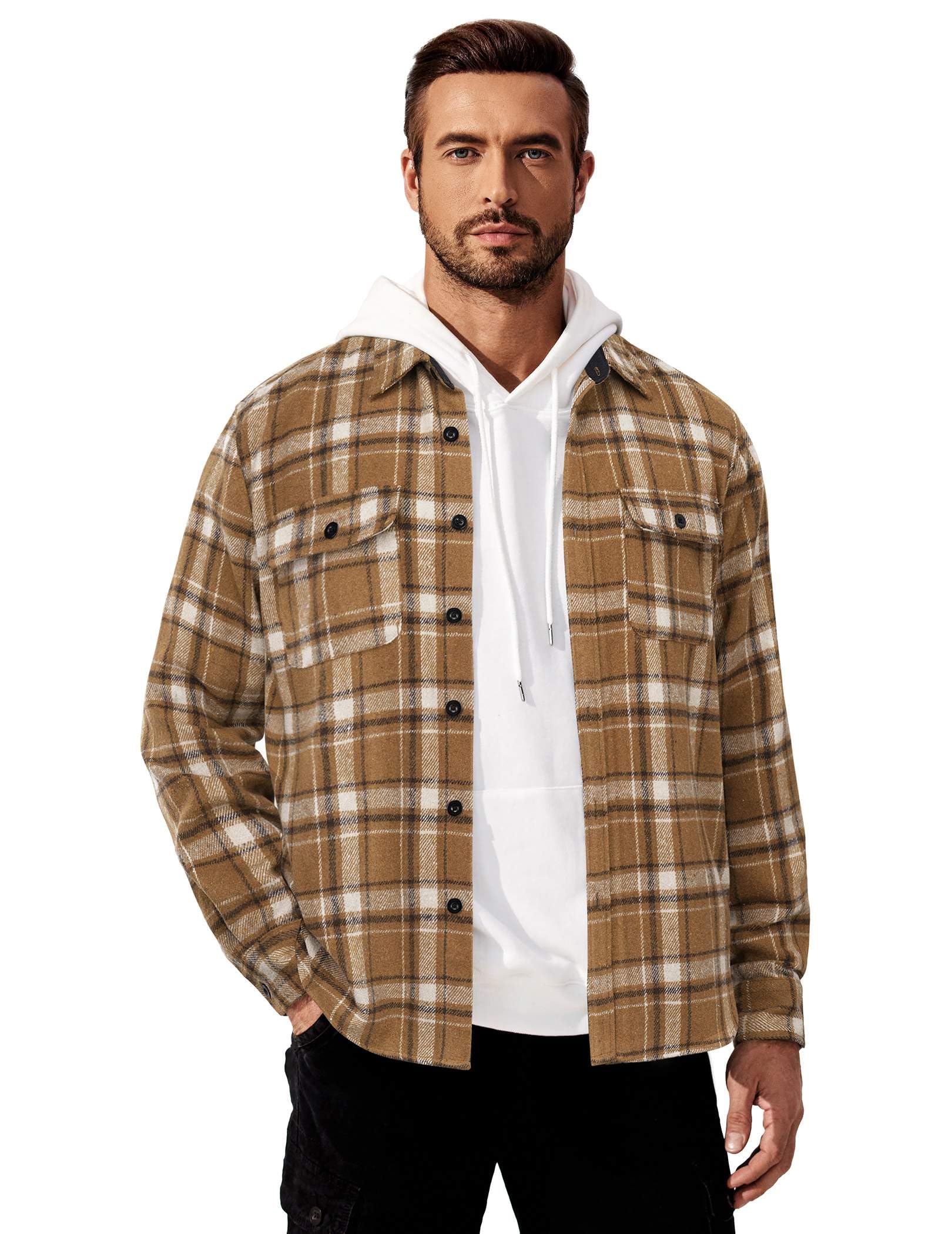 Mens Cotton Plaid Flannel Shirt Long Sleeve Casual Shirt Jacket