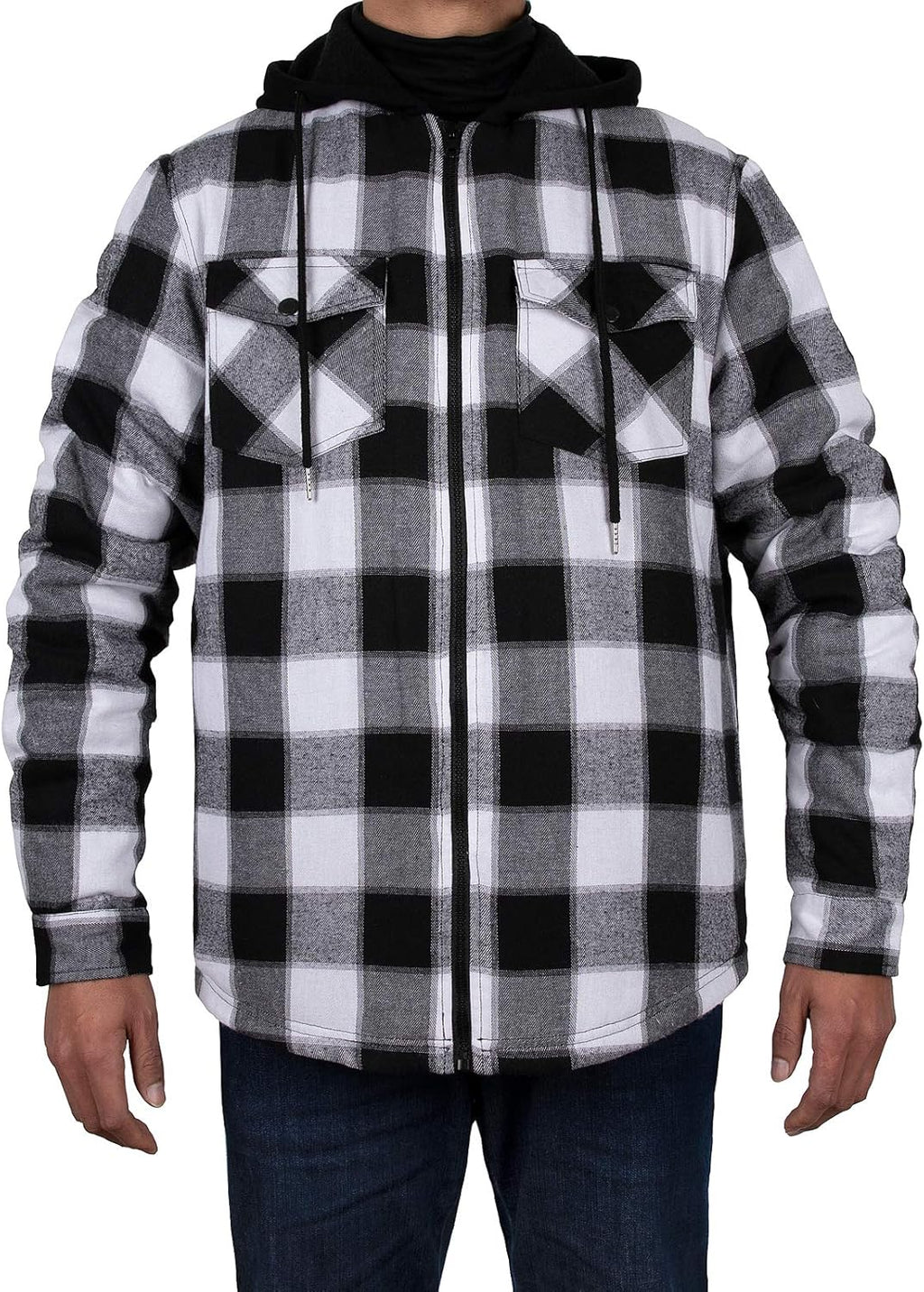 Mens Plaid Sherpa Lined Shirt Jacket Full Zip Hooded Warm Flannel
