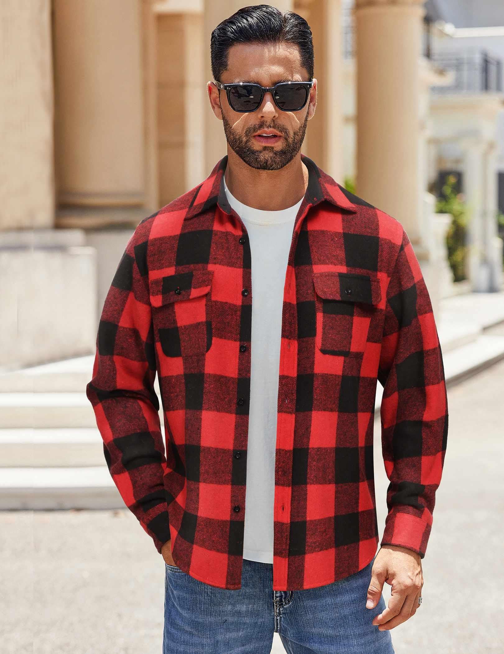 Mens Plaid Cotton Flannel Shirt Jacket Long Sleeve Casual Work Button Down