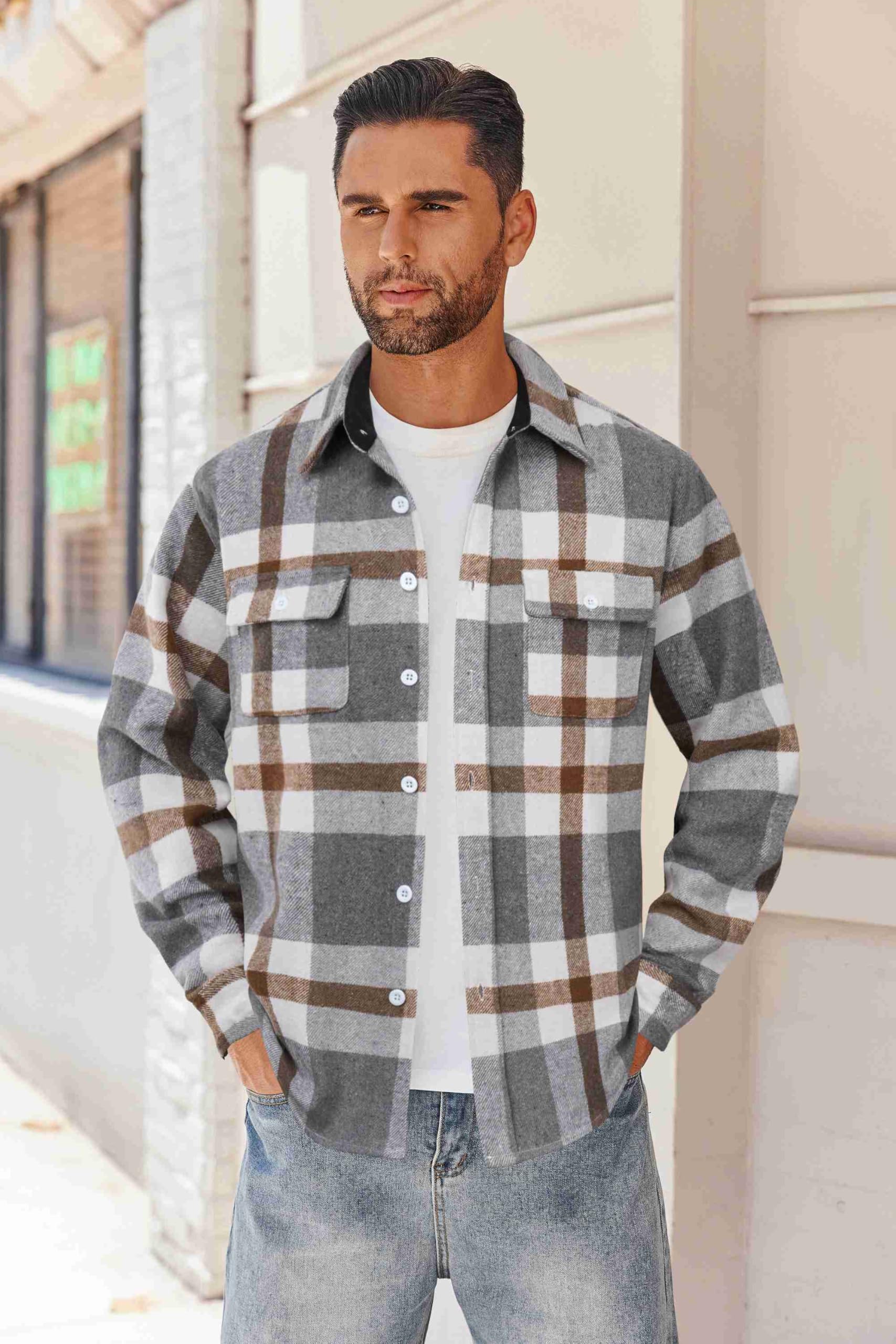 Mens Cotton Flannel Plaid Shirt Jacket Long Sleeve Button Down Casual Work Shirt