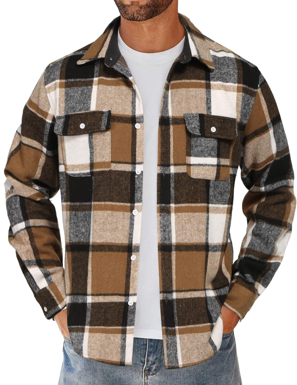 Mens Flannel Plaid Shirt Long Sleeve Button Down Casual Work Shirt Jacket