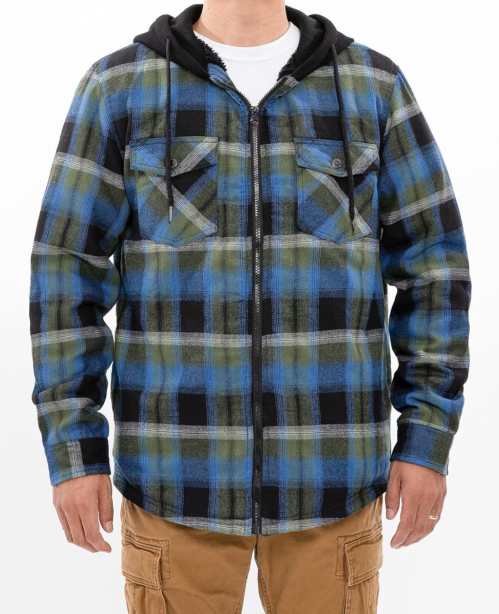 Mens Plaid Sherpa Lined Shirt Jacket Full Zip Hooded Warm Flannel