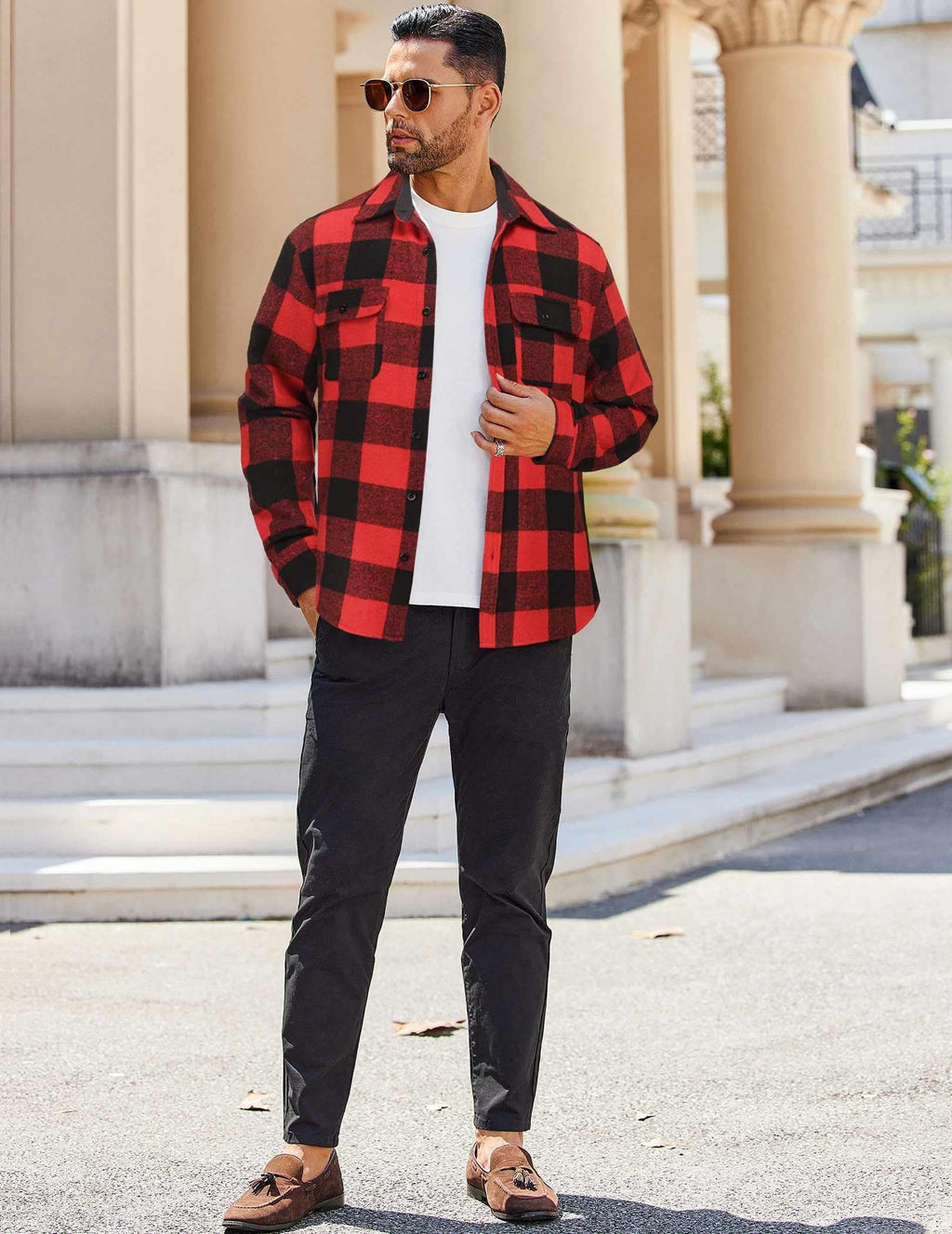 Mens Plaid Cotton Flannel Shirt Jacket Long Sleeve Casual Work Button Down