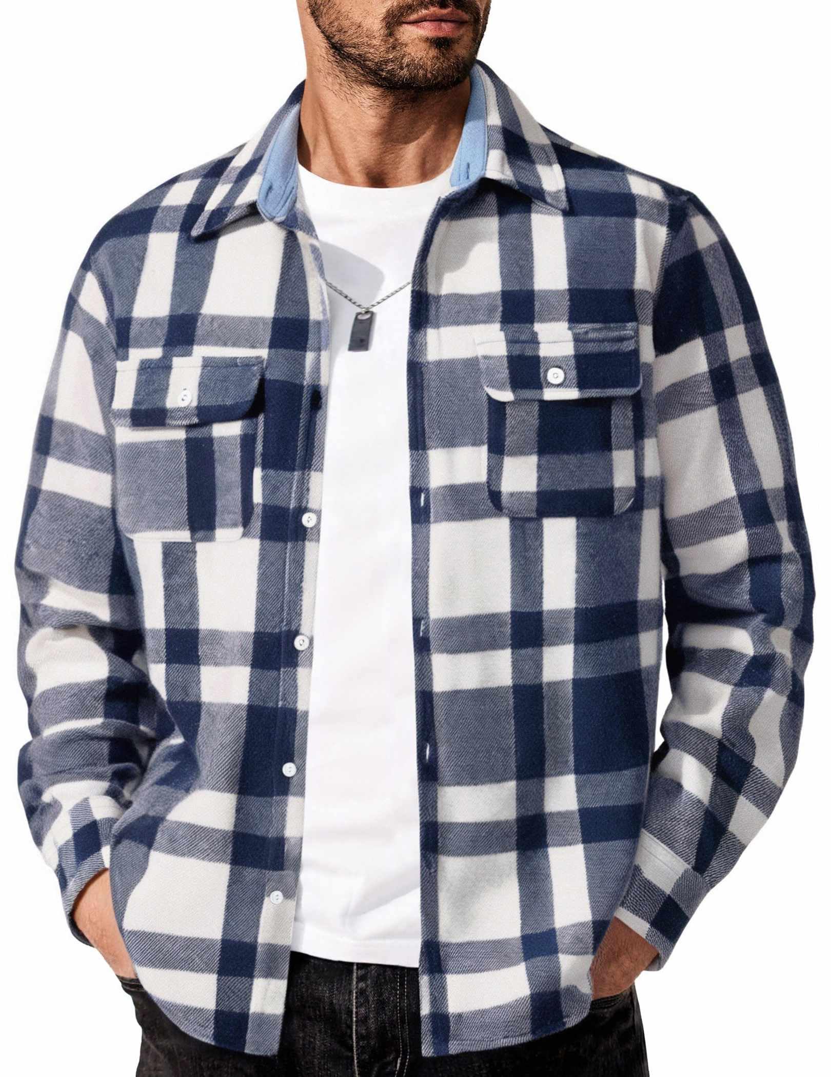 Mens Plaid Flannel Long Sleeve Shirt Jacket Casual Button Down Brushed Fabric Shacket with Pockets