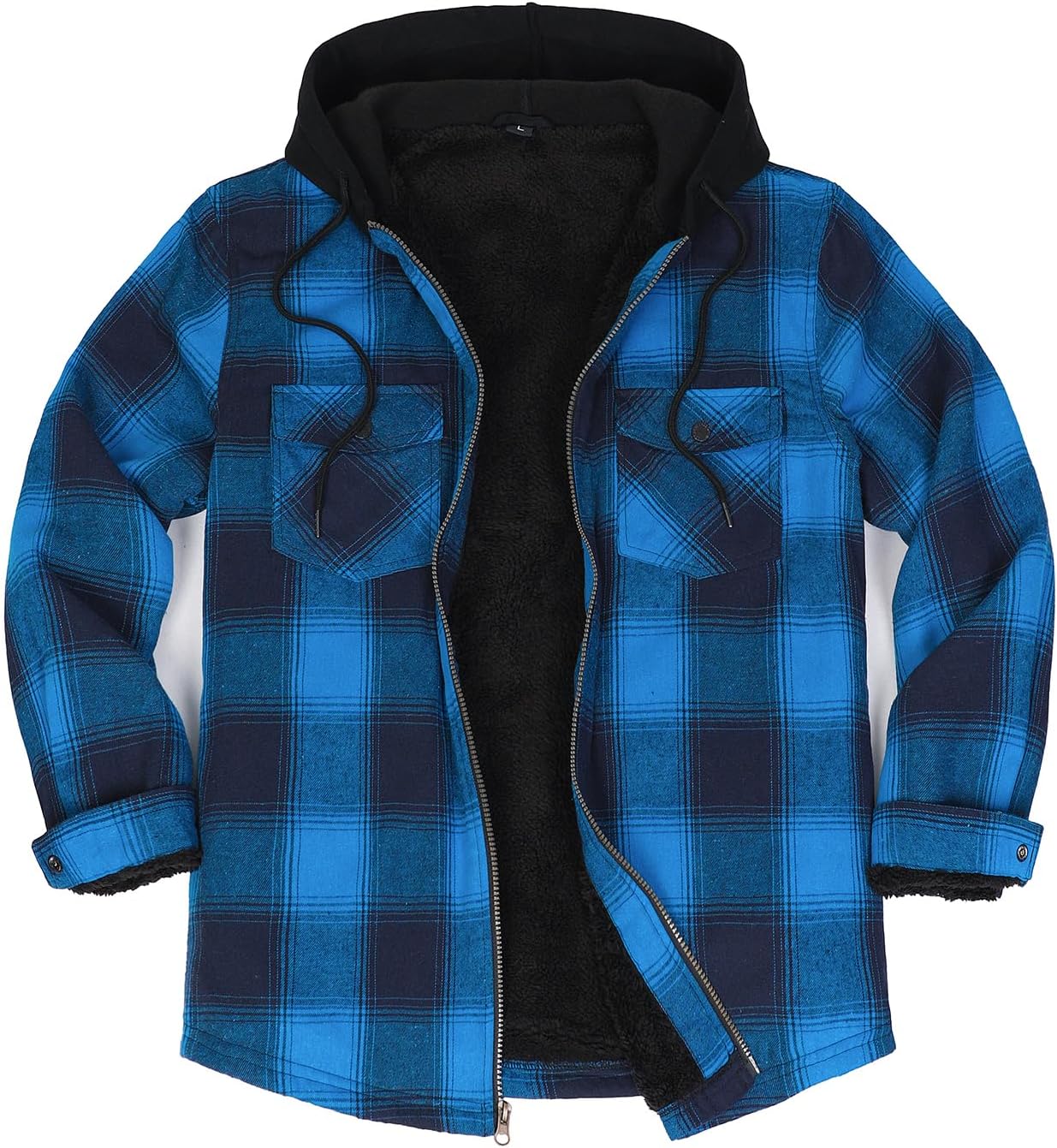 Mens Plaid Sherpa Lined Shirt Jacket Full Zip Hooded Warm Flannel