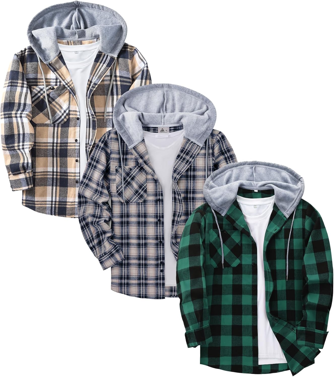 3 Pack Mens Flannel Hoodie Shirts Long Sleeve Plaid Button Down Hooded Shirts Casual Brushed Jacket with Pocket