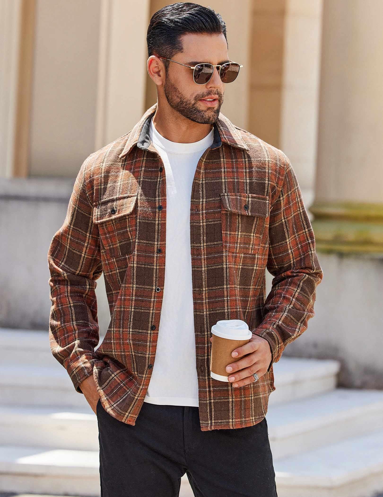 Mens Plaid Cotton Flannel Shirt Long Sleeve Casual Button Down Work Shirt