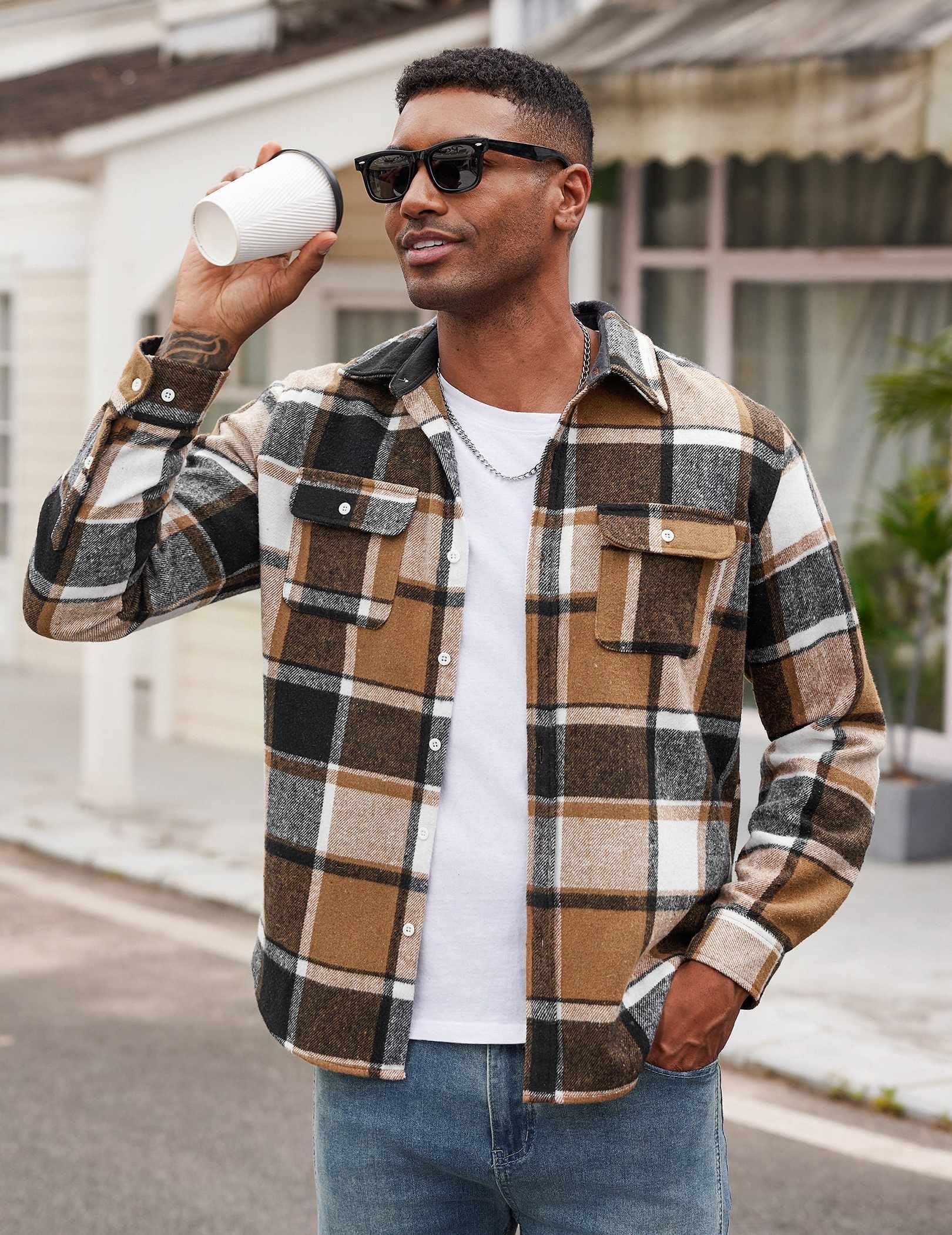 Mens Flannel Plaid Shirt Long Sleeve Button Down Casual Work Shirt Jacket