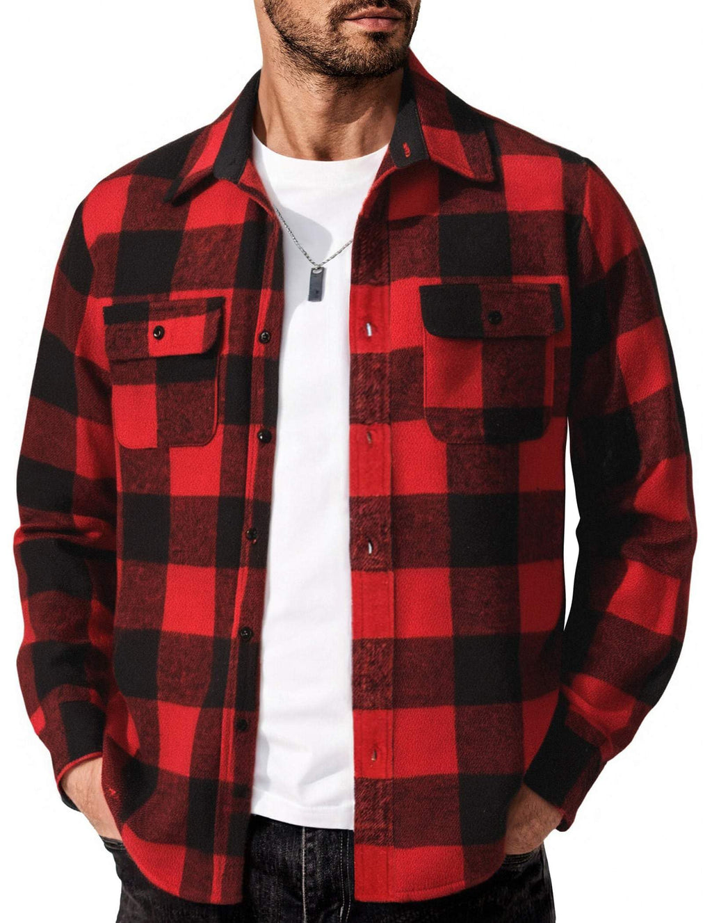Mens Plaid Cotton Flannel Shirt Jacket Long Sleeve Casual Work Button Down